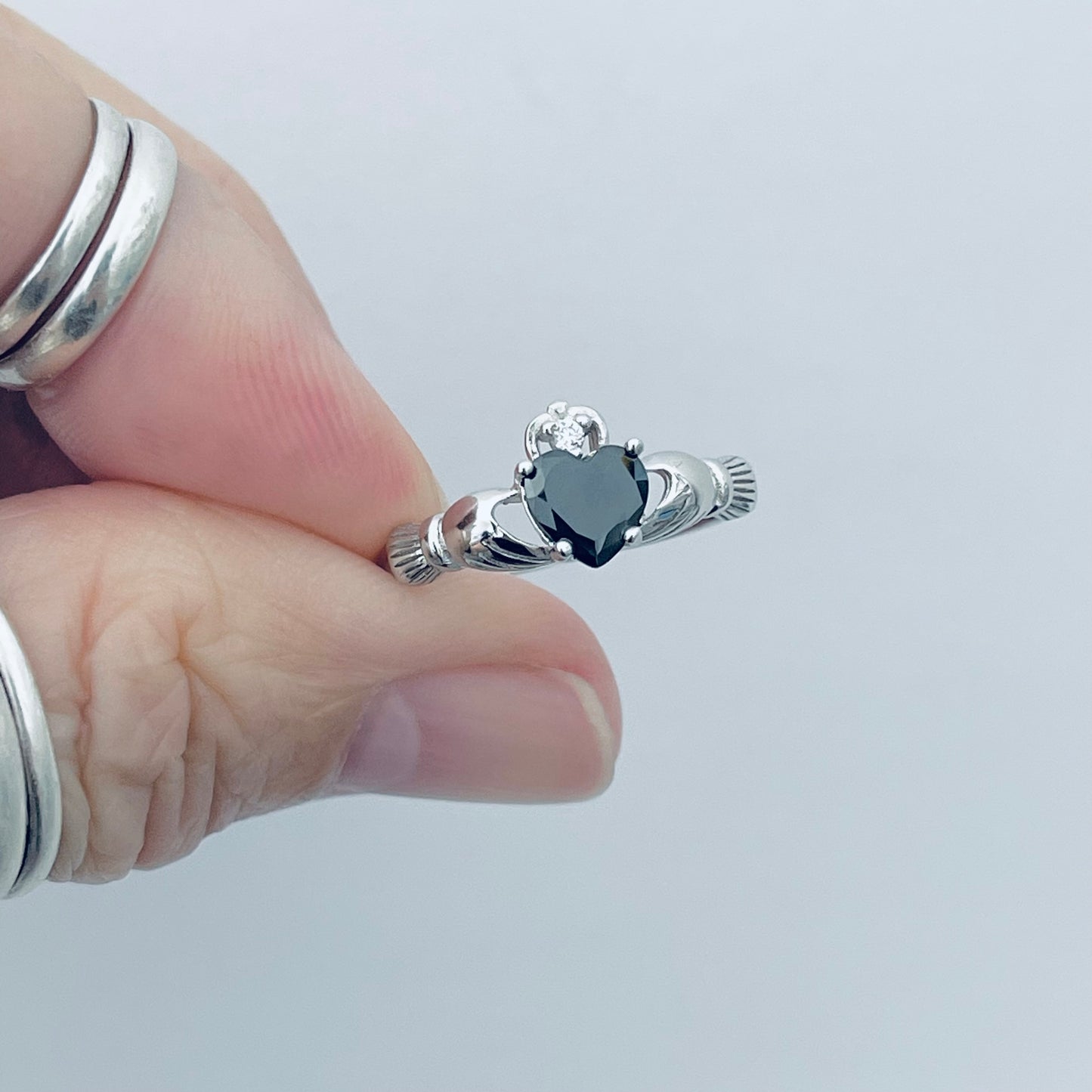 925 Sterling Silver Black CZ Heart Claddagh Ring | Irish Friendship Loyalty Silver Rings