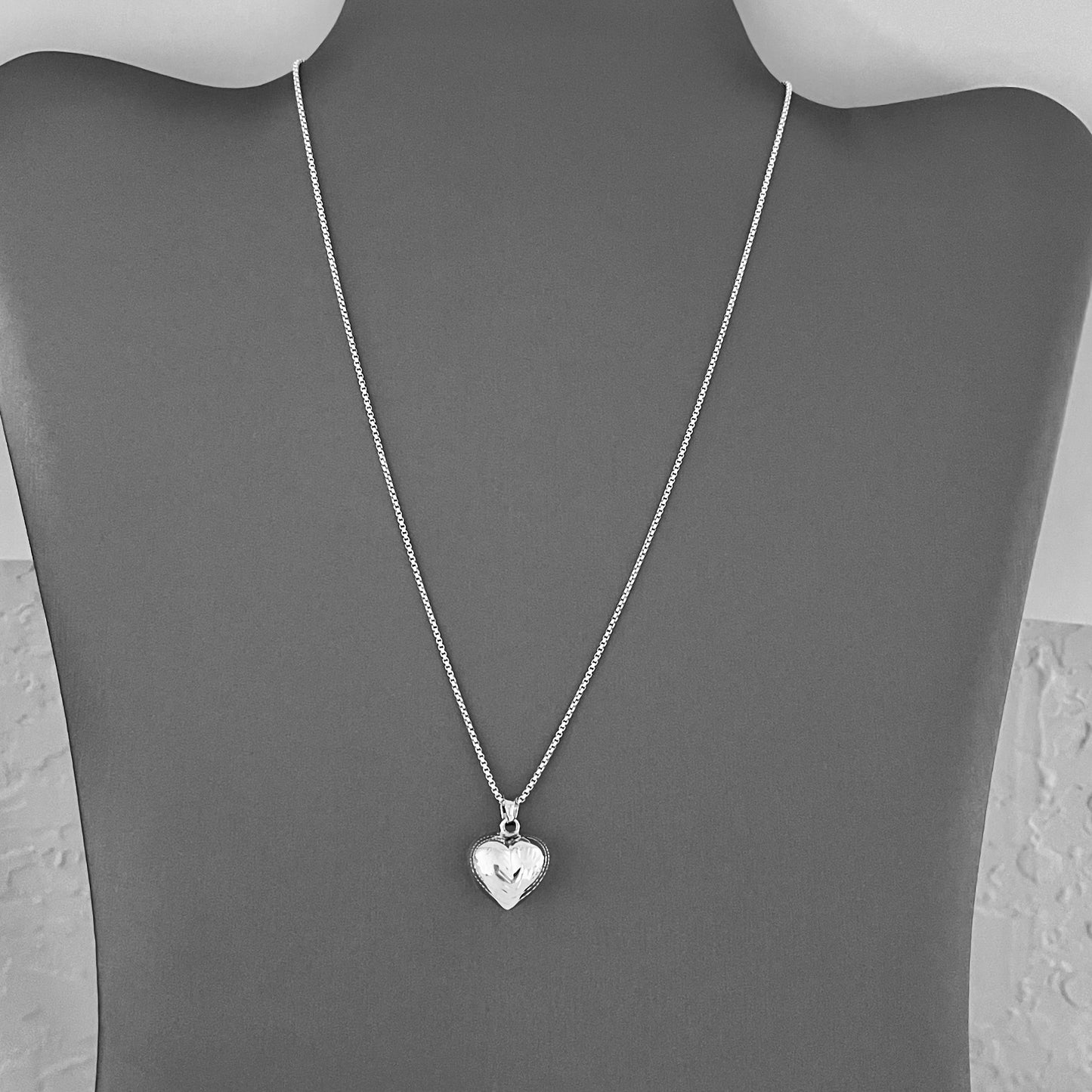 Sterling Silver Small Hollow Engraved Puffy Heart Necklace, Silver Necklaces, Love Hearts