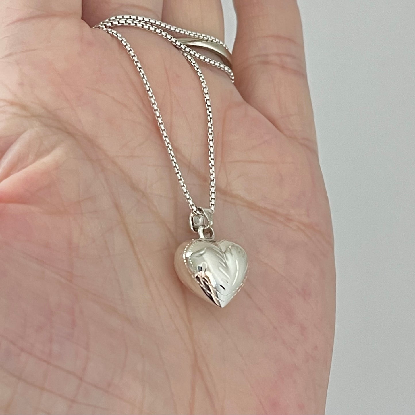 Sterling Silver Small Hollow Engraved Puffy Heart Necklace, Silver Necklaces, Love Hearts
