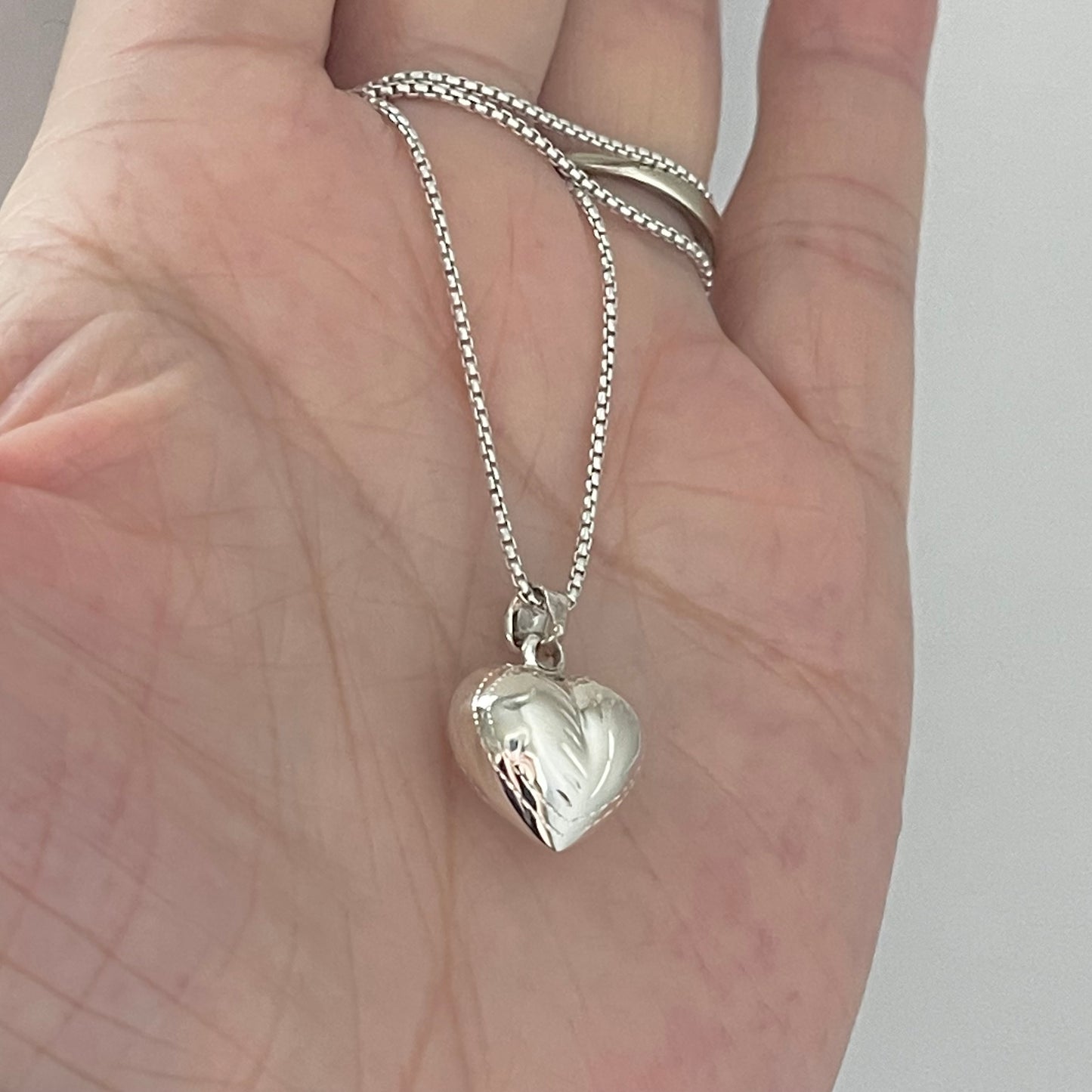 Sterling Silver Small Hollow Engraved Puffy Heart Necklace, Silver Necklaces, Love Hearts
