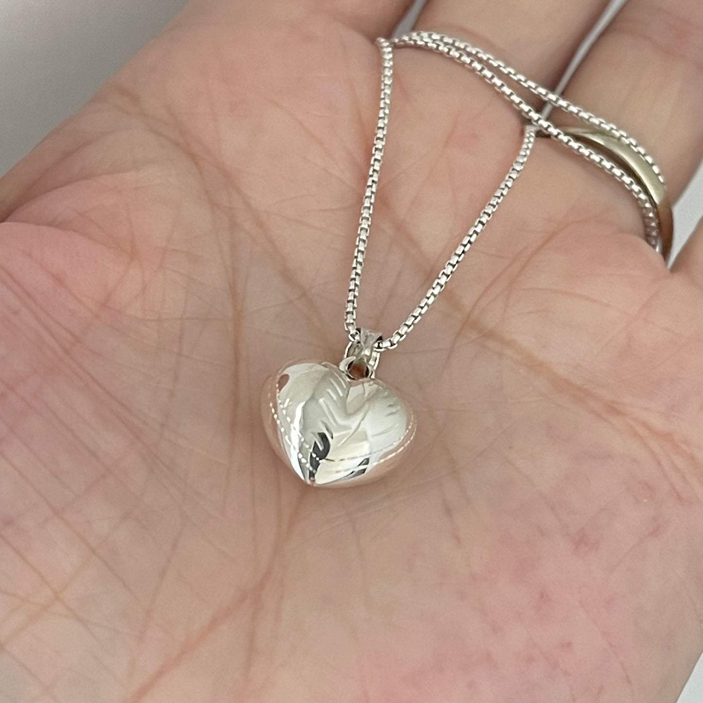 Sterling Silver Small Hollow Engraved Puffy Heart Necklace, Silver Necklaces, Love Hearts