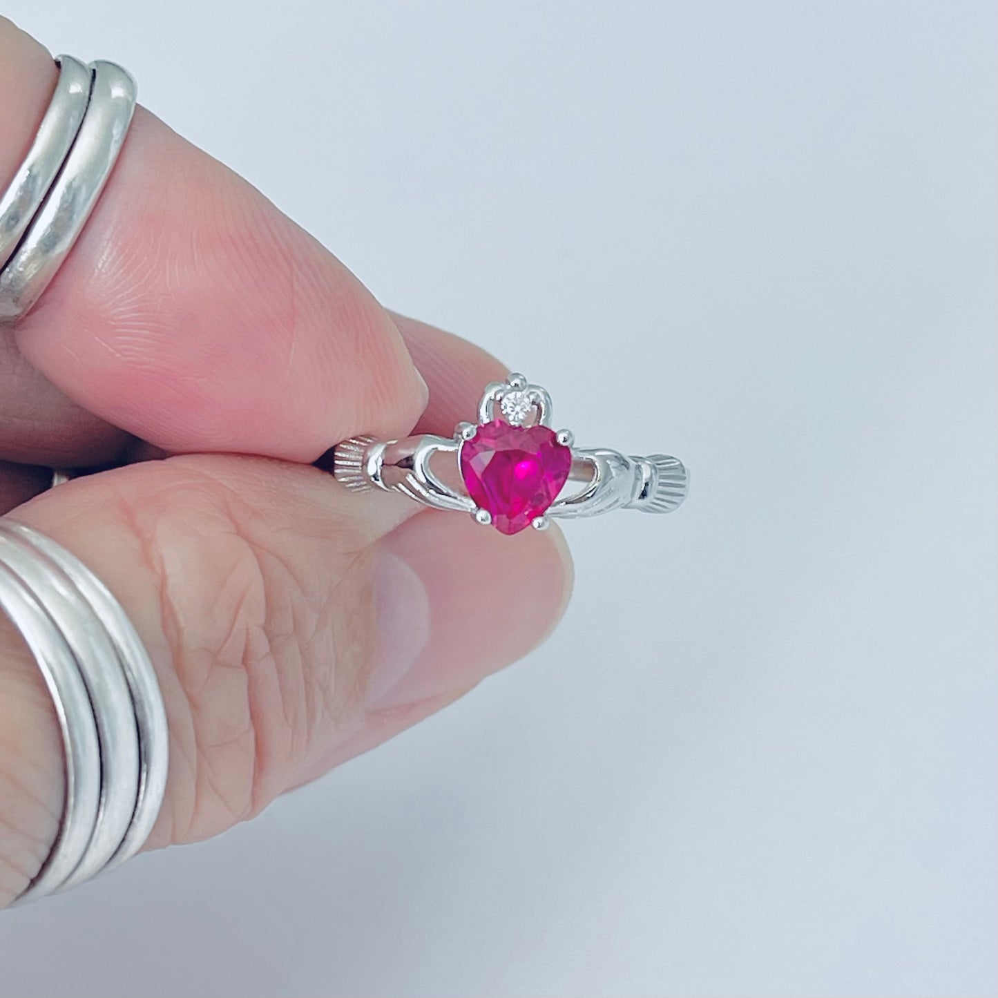 Sterling Silver Ruby CZ Heart Claddagh Ring | July Birthstone, Irish Rings, Crown Hearts