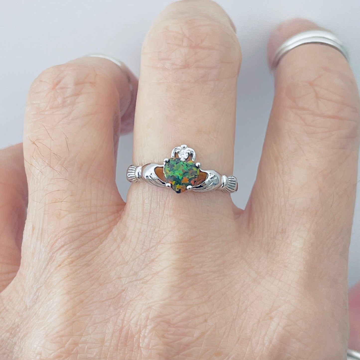 Sterling Silver Black Lab Opal Heart Claddagh Ring, October Birthstone Rings, Irish Crown Hearts