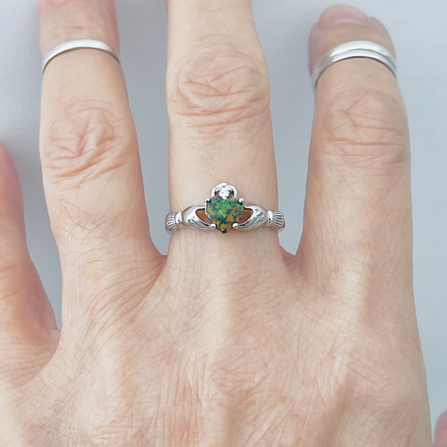 Sterling Silver Black Lab Opal Heart Claddagh Ring, October Birthstone Rings, Irish Crown Hearts