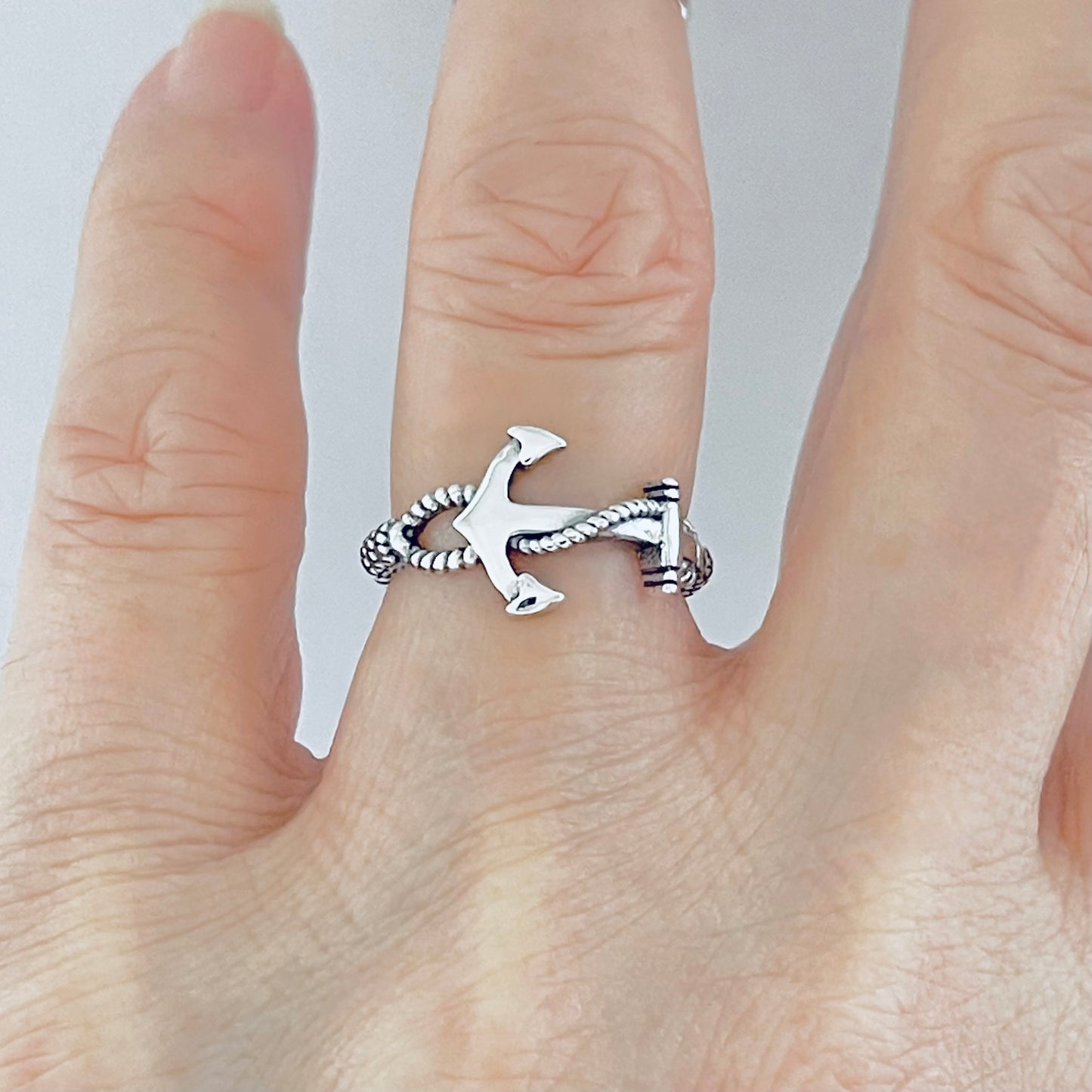 Sterling Silver Anchor Ring with Rope Band, Dainty Ocean Jewelry, Ship Rings