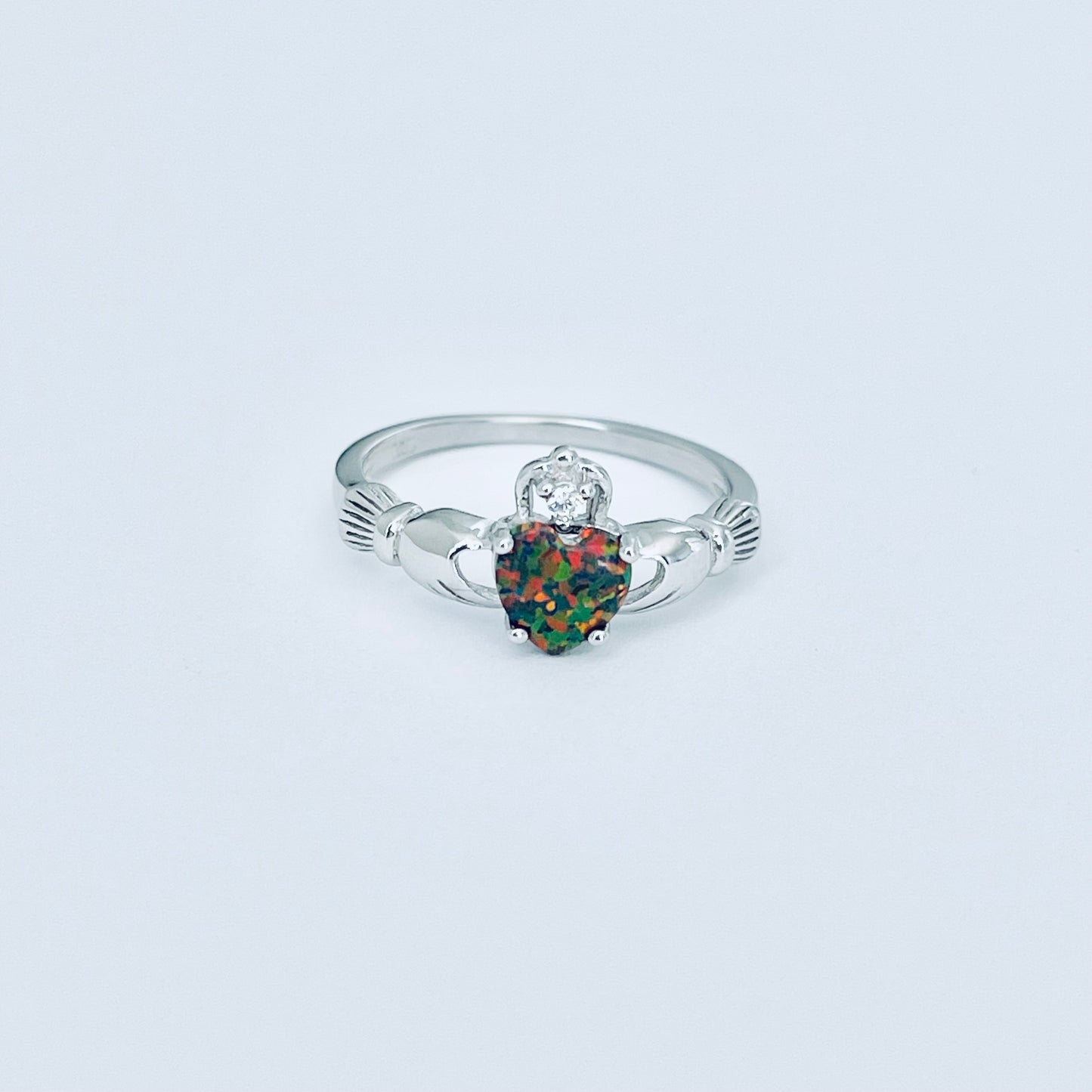 Sterling Silver Black Lab Opal Heart Claddagh Ring, October Birthstone Rings, Irish Crown Hearts