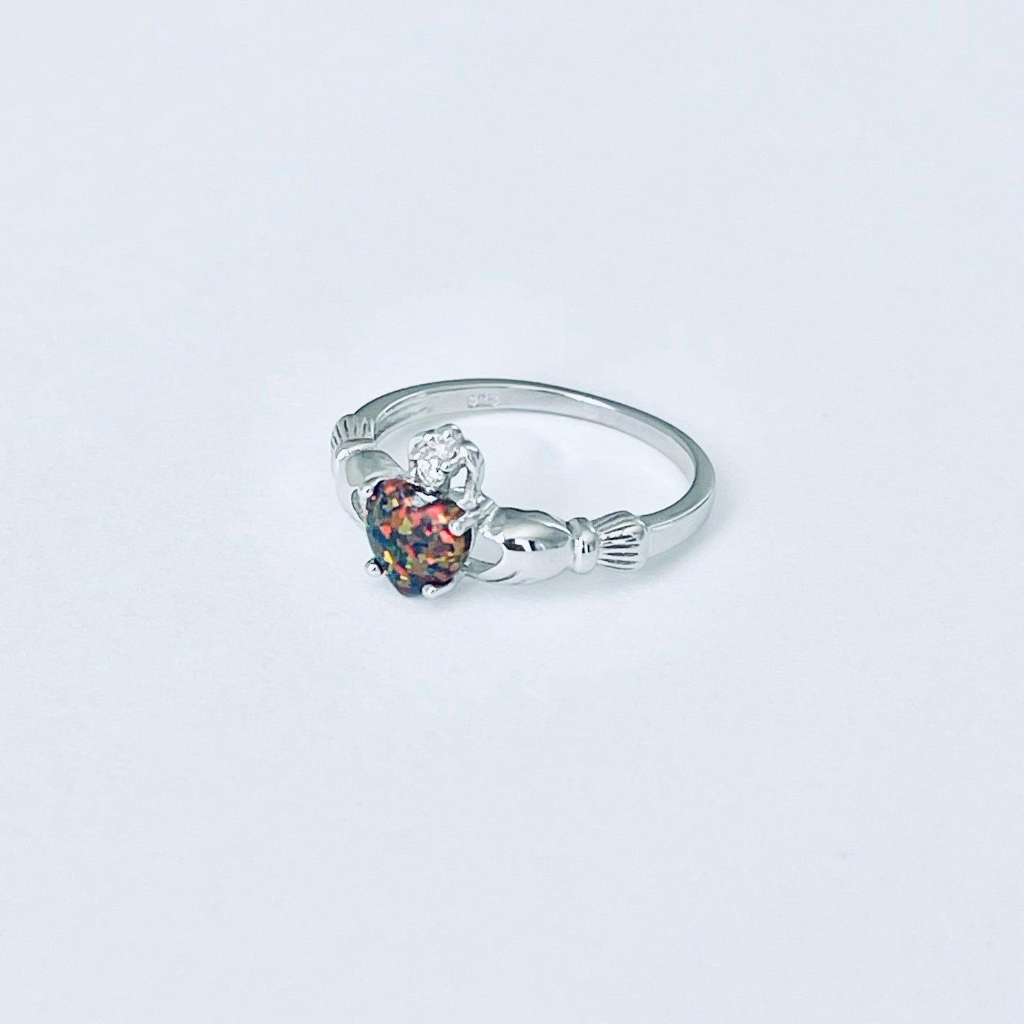 Sterling Silver Black Lab Opal Heart Claddagh Ring, October Birthstone Rings, Irish Crown Hearts