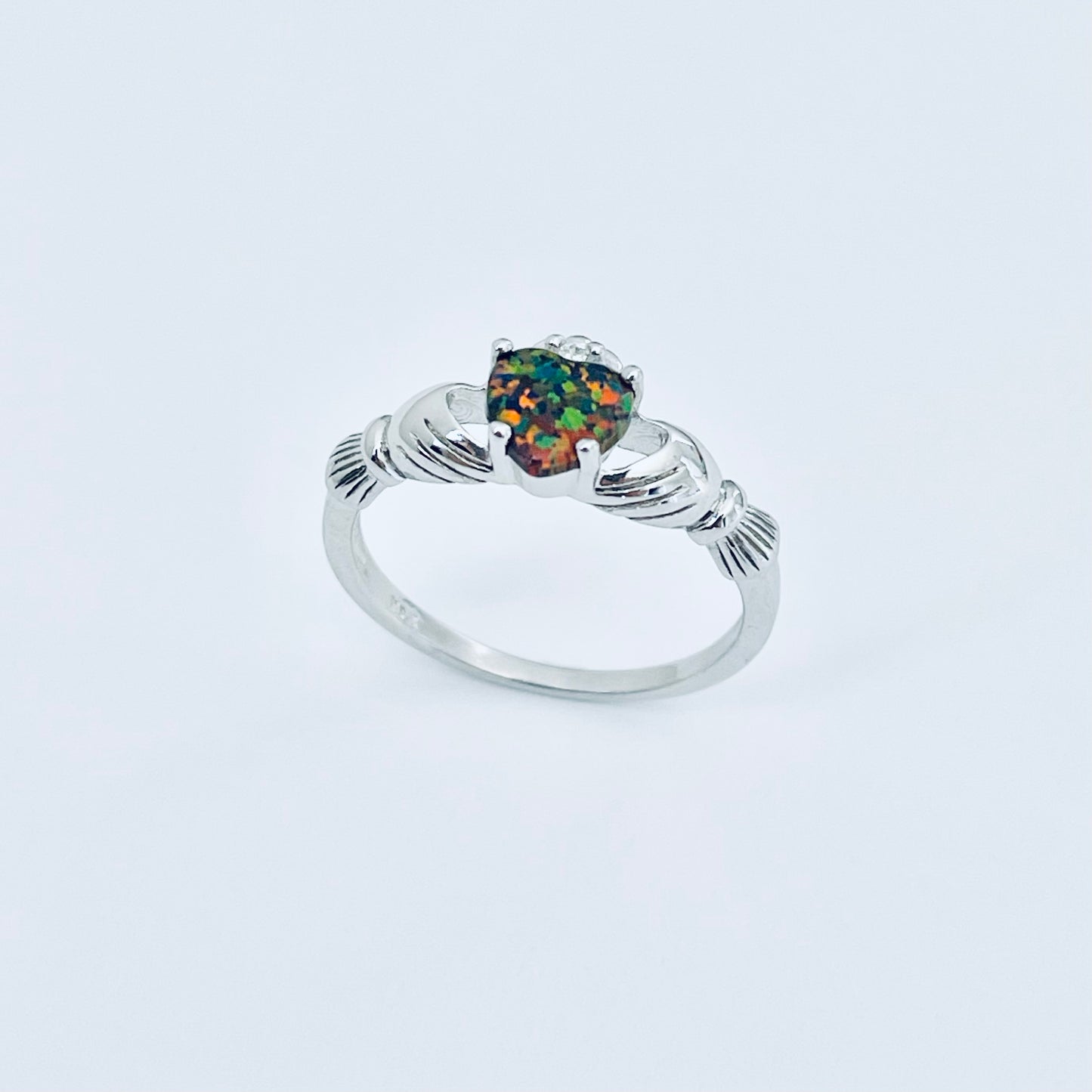Sterling Silver Black Lab Opal Heart Claddagh Ring, October Birthstone Rings, Irish Crown Hearts