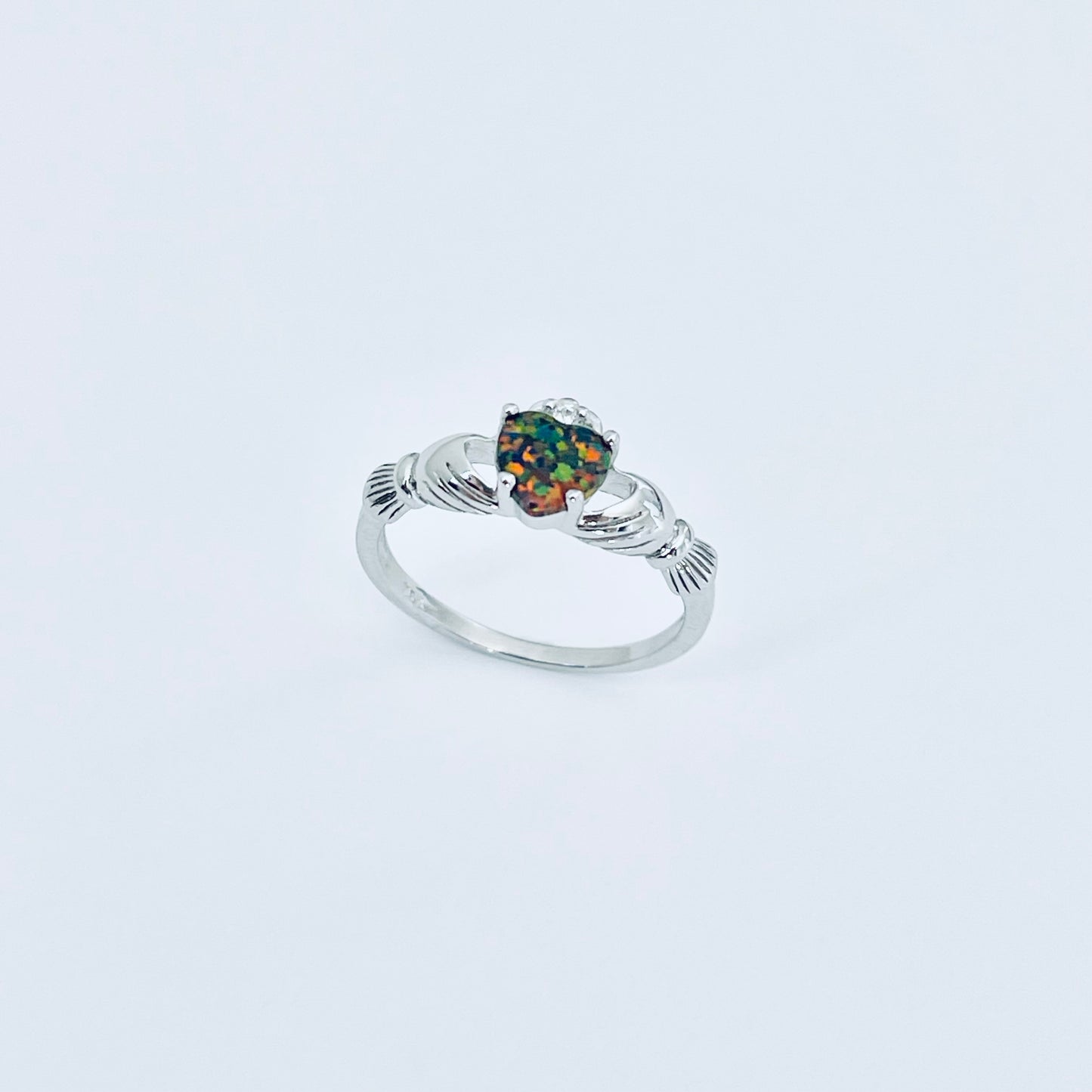 Sterling Silver Black Lab Opal Heart Claddagh Ring, October Birthstone Rings, Irish Crown Hearts