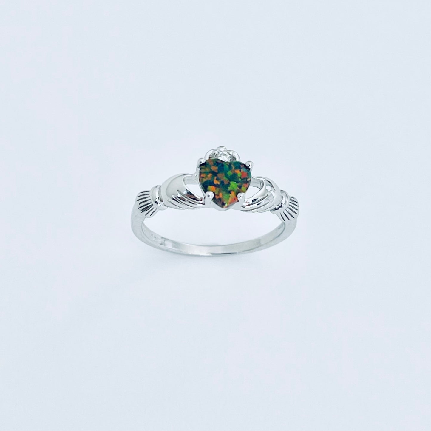 Sterling Silver Black Lab Opal Heart Claddagh Ring, October Birthstone Rings, Irish Crown Hearts
