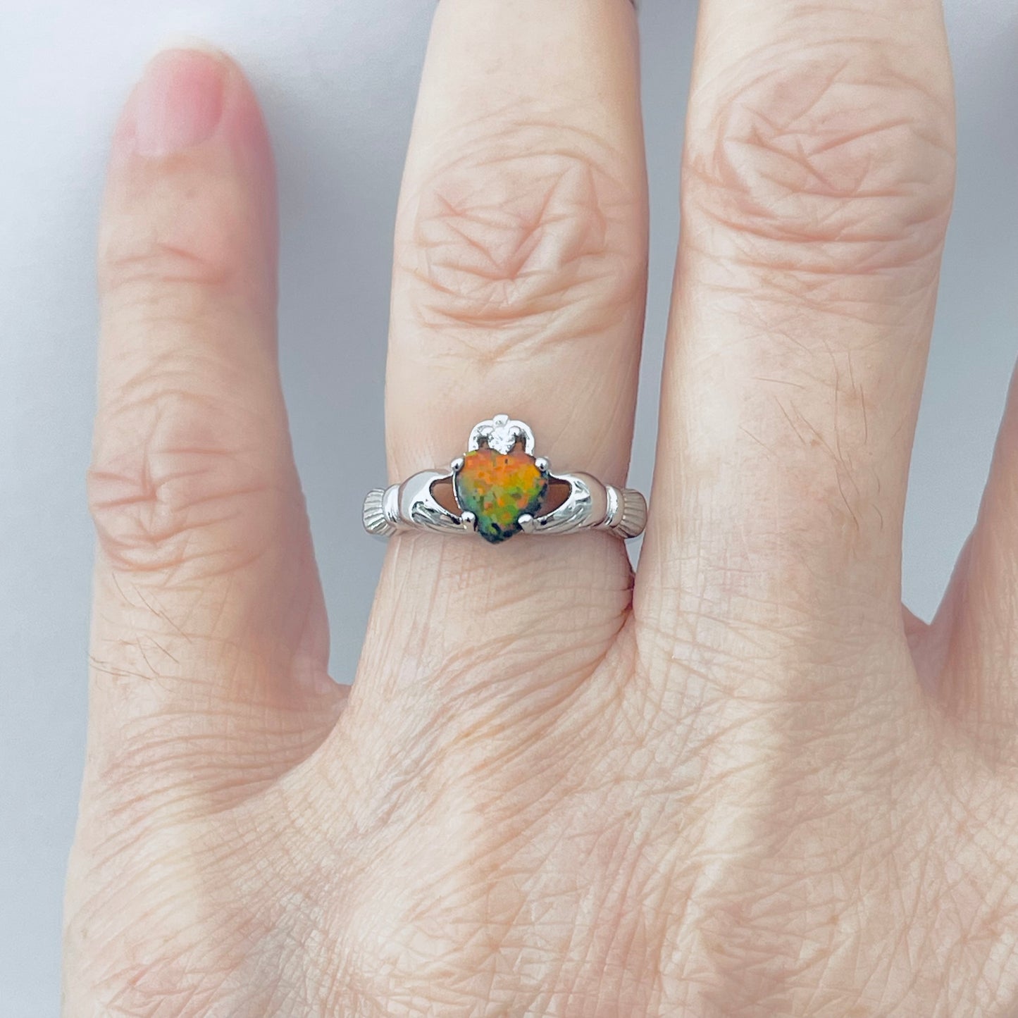 Sterling Silver Black Lab Opal Heart Claddagh Ring, October Birthstone Rings, Irish Crown Hearts