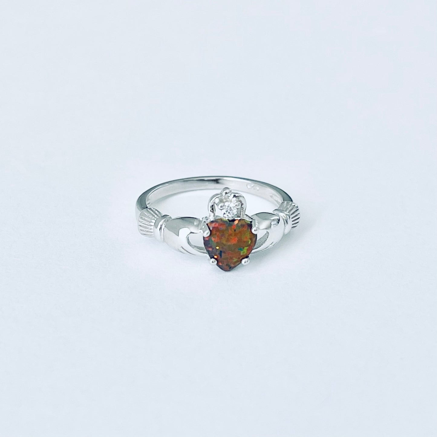Sterling Silver Black Lab Opal Heart Claddagh Ring, October Birthstone Rings, Irish Crown Hearts