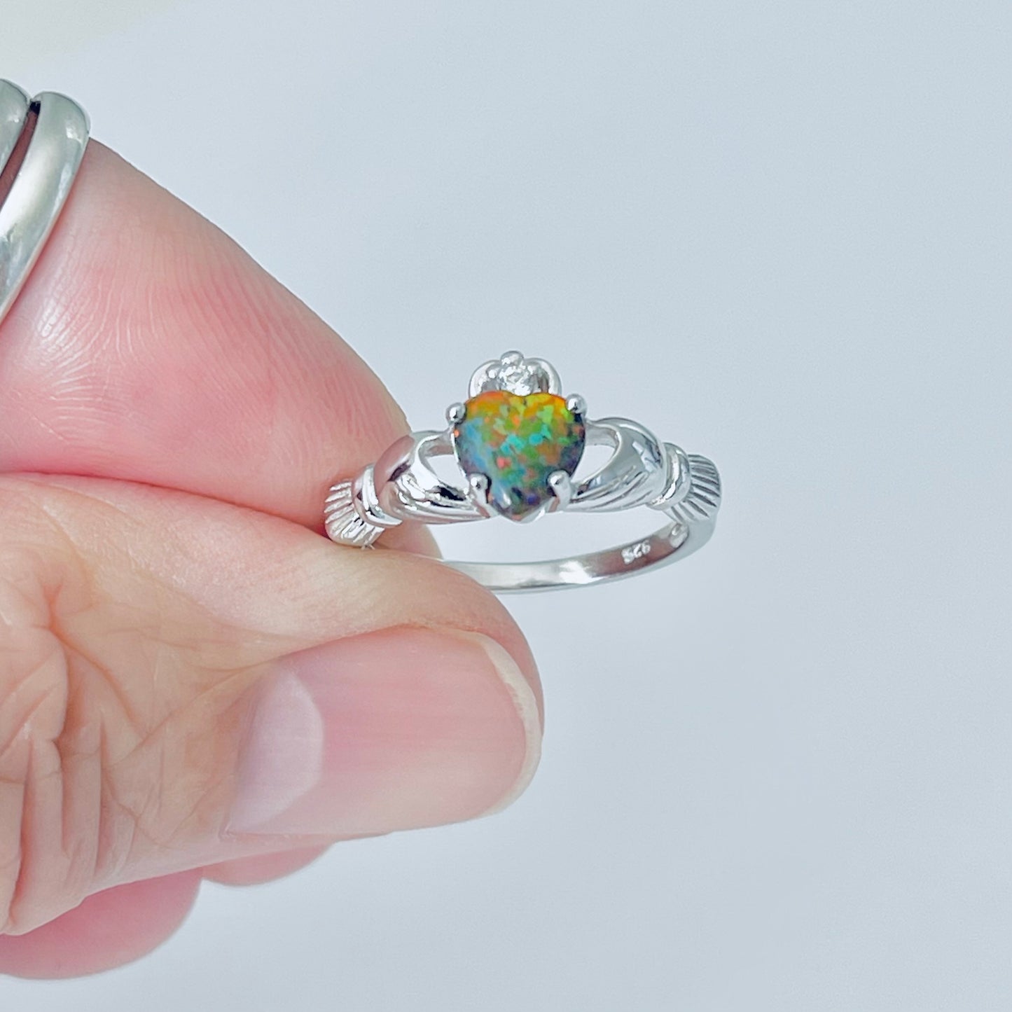 Sterling Silver Black Lab Opal Heart Claddagh Ring, October Birthstone Rings, Irish Crown Hearts