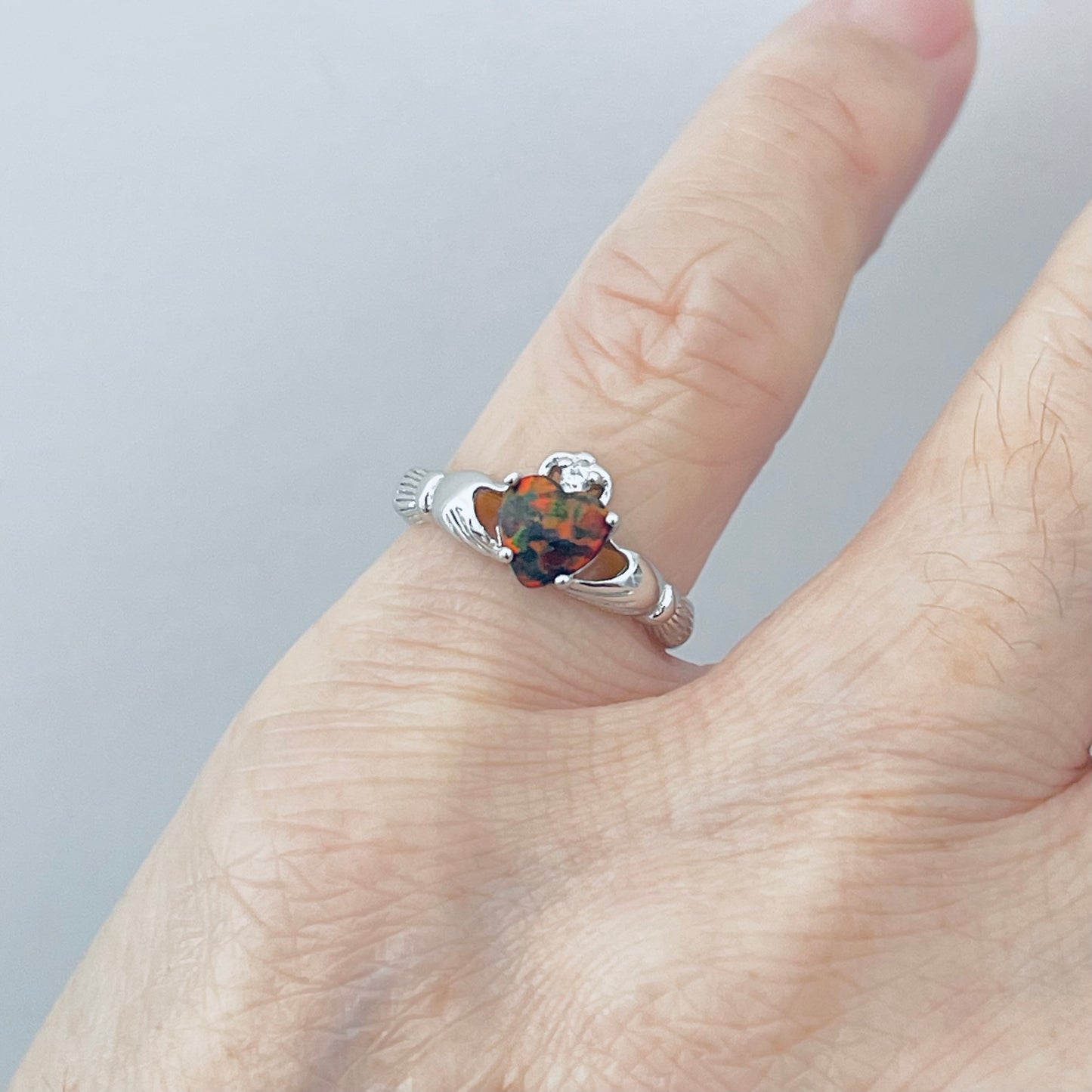 Sterling Silver Black Lab Opal Heart Claddagh Ring, October Birthstone Rings, Irish Crown Hearts