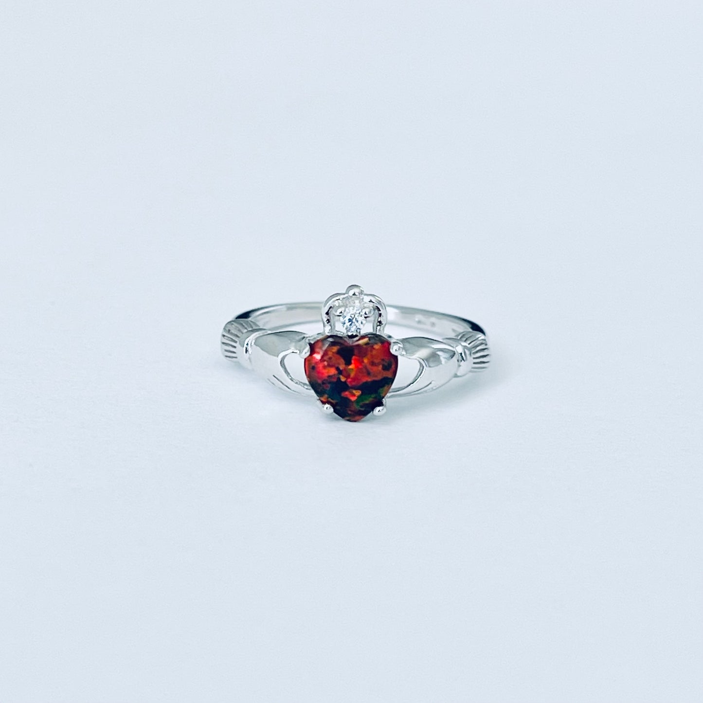 Sterling Silver Black Lab Opal Heart Claddagh Ring, October Birthstone Rings, Irish Crown Hearts