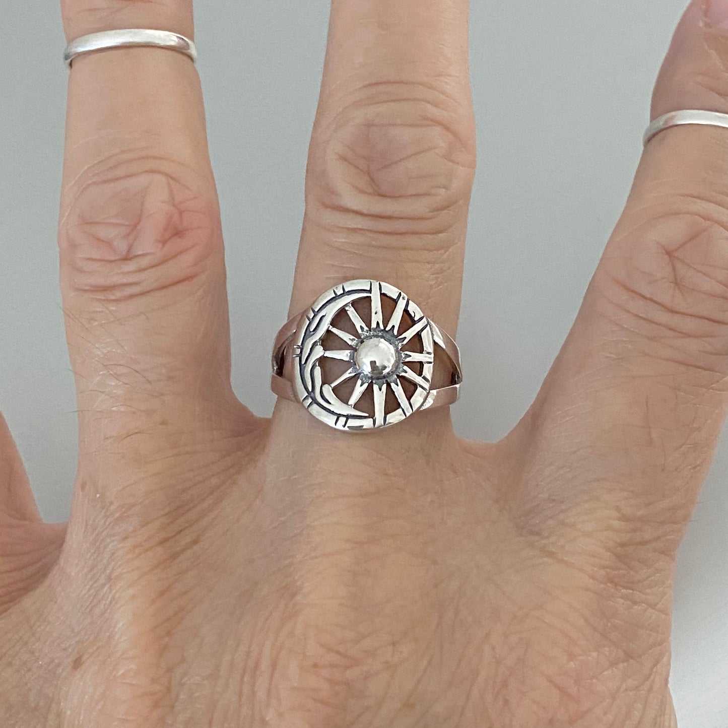 Sterling Silver Statement Moon and Sun Ring, Silver Rings, Celestial, Sunshine