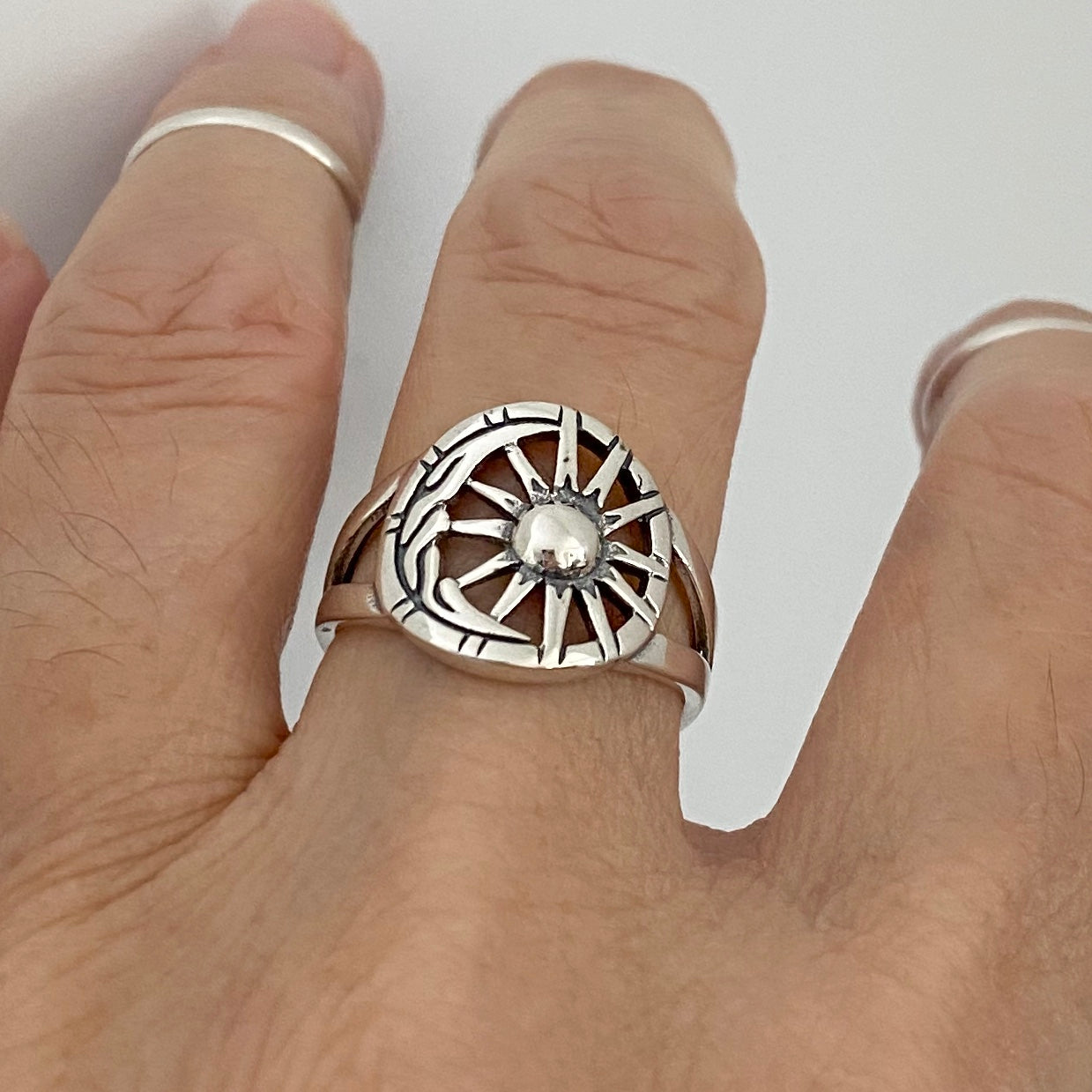 Sterling Silver Statement Moon and Sun Ring, Silver Rings, Celestial, Sunshine