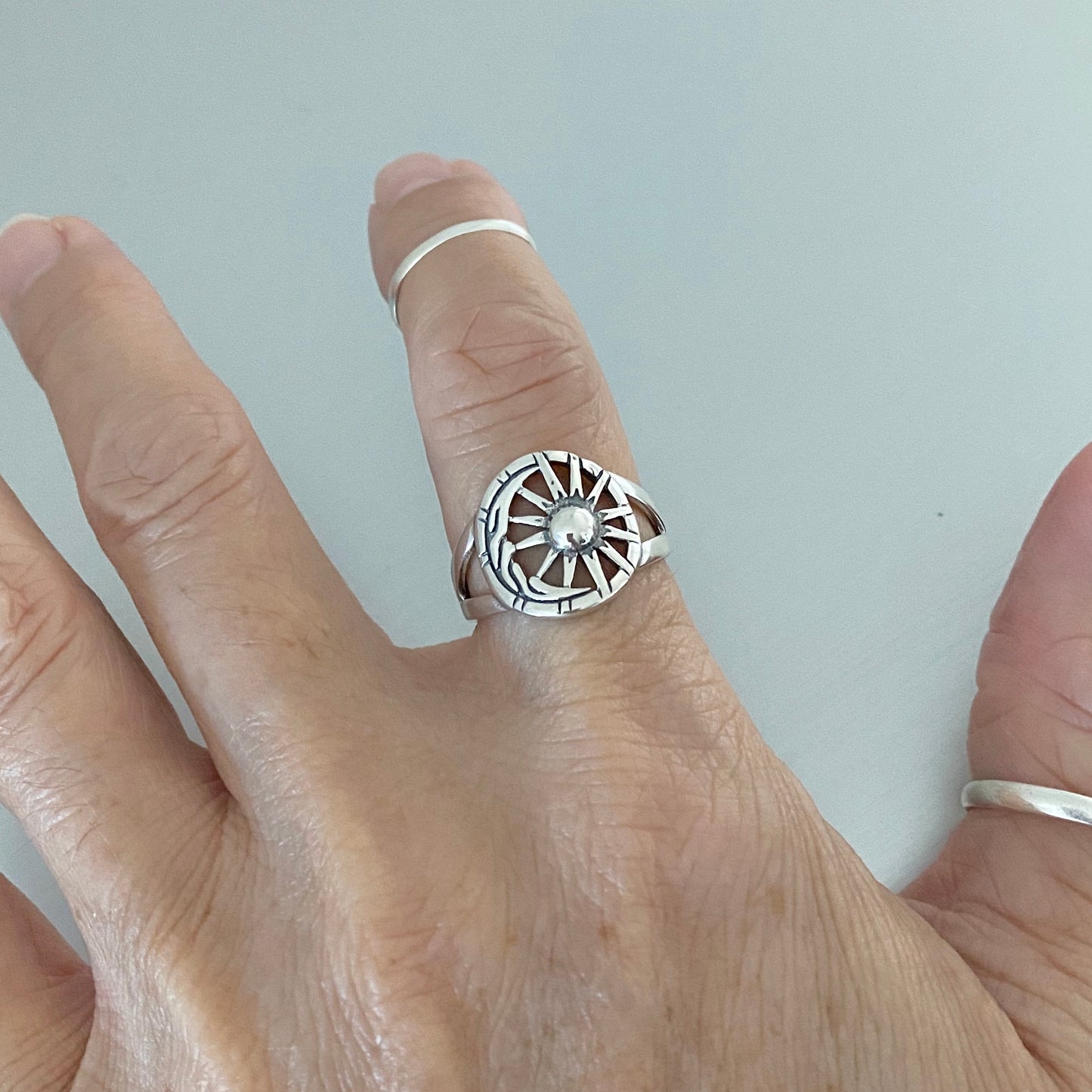 Sterling Silver Statement Moon and Sun Ring, Silver Rings, Celestial, Sunshine