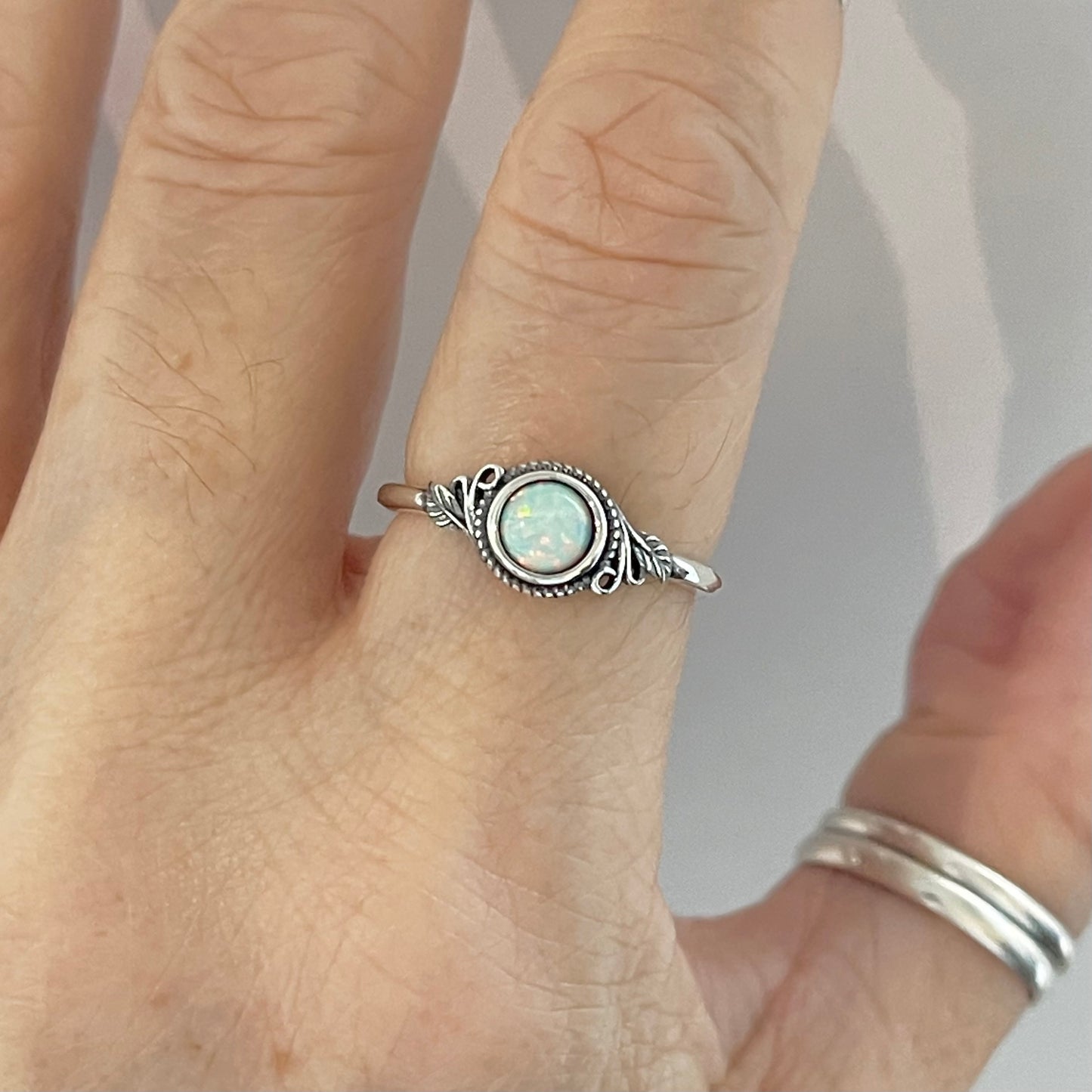 Sterling Silver Small Round White Lab Opal Ring with Leaves, October Birthstone Silver Rings