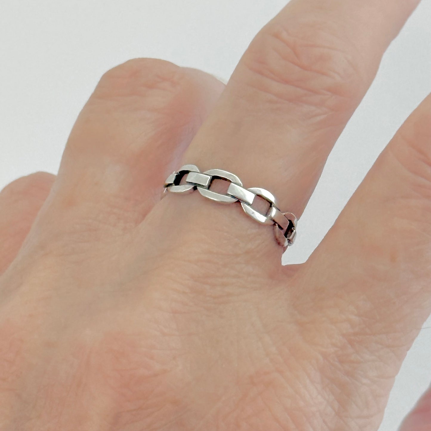 Sterling Silver Eternity Flat Round Chain Link Ring, Unisex Rings, Wedding Bands, Stackable