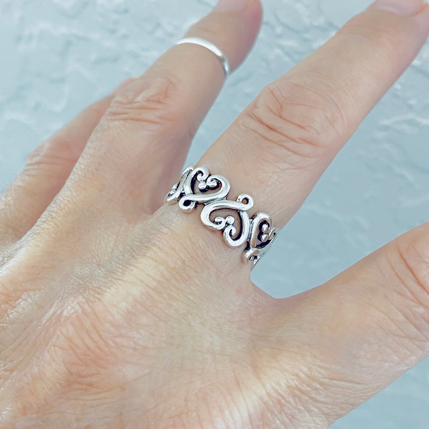 Sterling Silver Eternity Swirl Heart Band Ring, Love Hearts Jewelry
