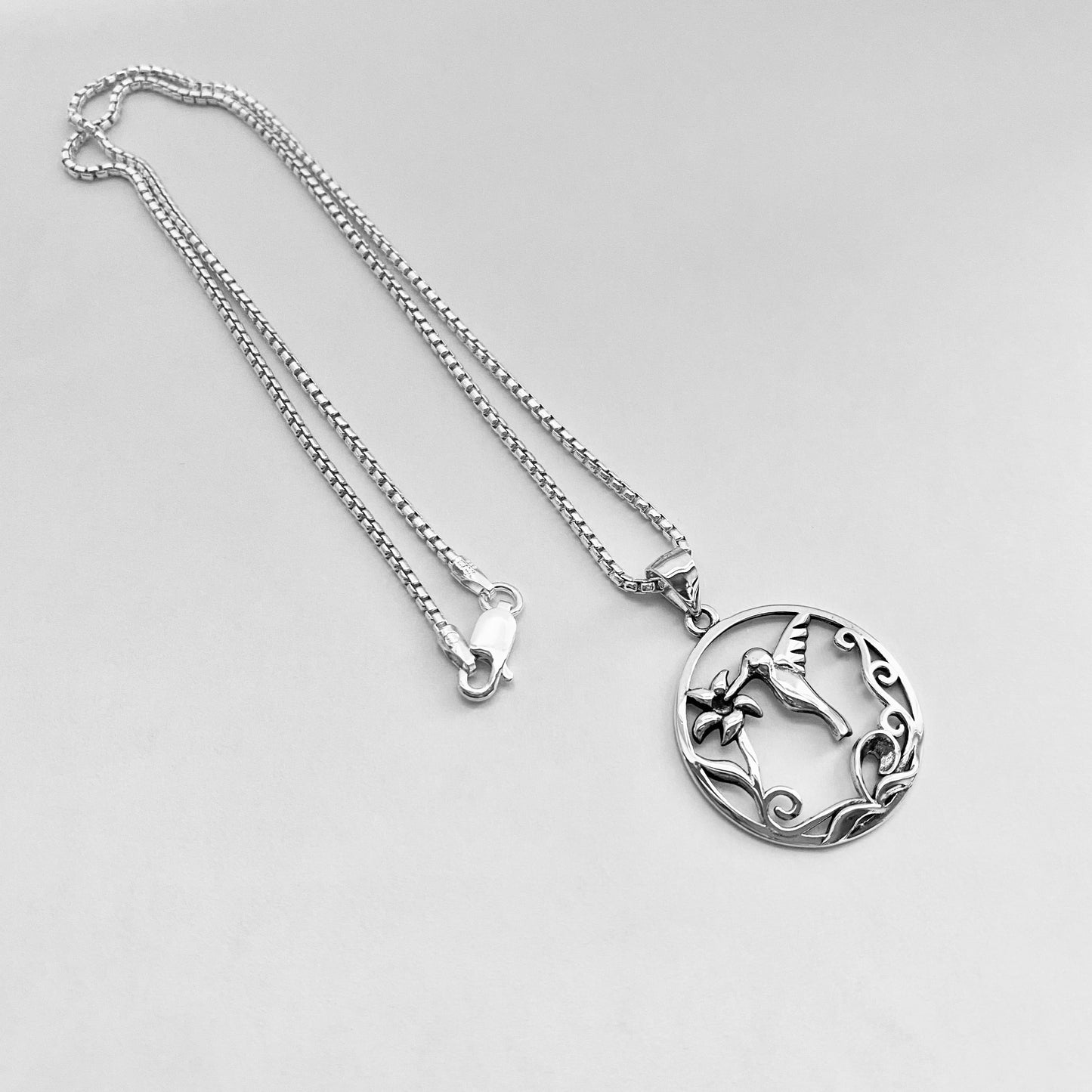 Sterling Silver Flower and Hummingbird Necklace, Silver Necklaces, Spirit Bird Necklace