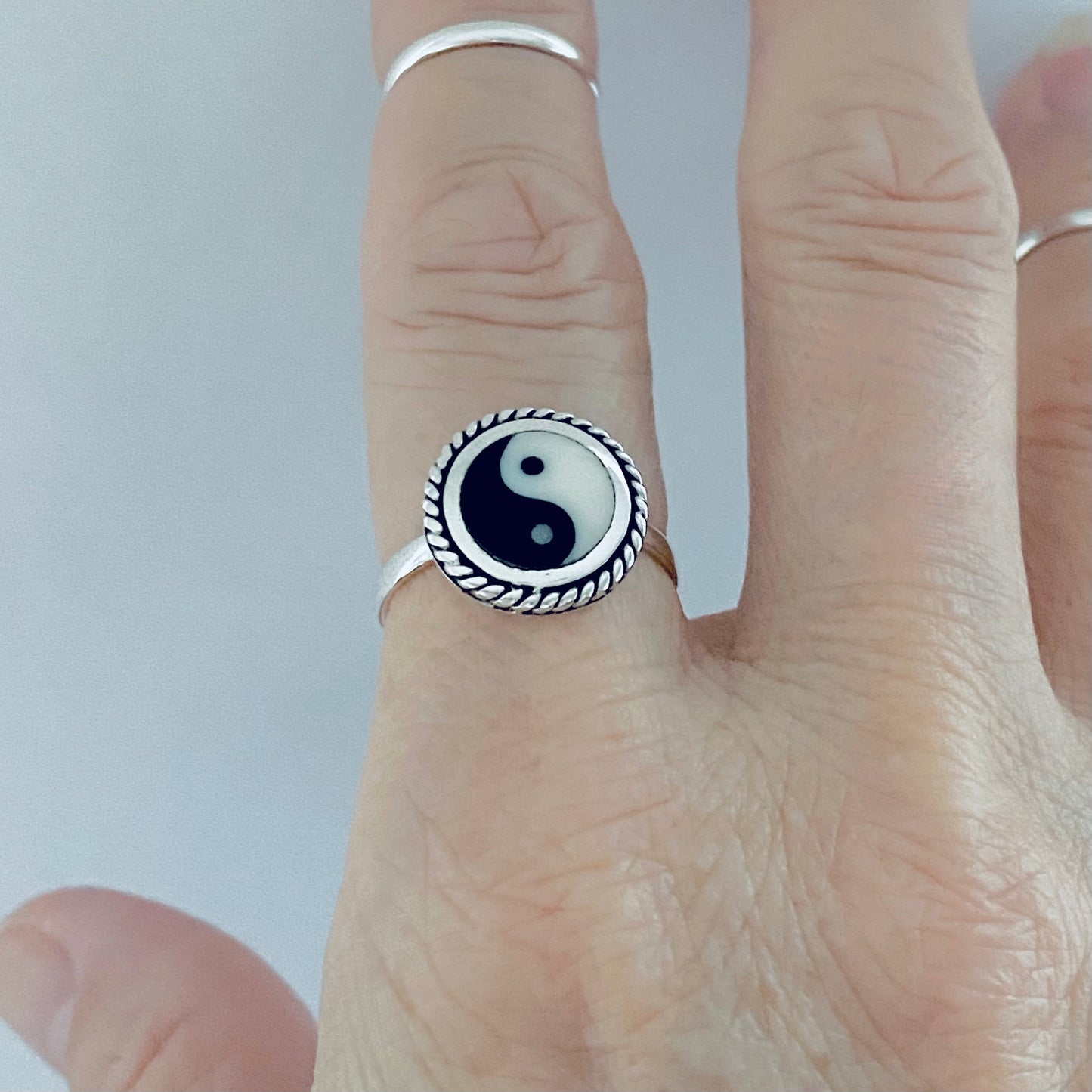 Sterling Silver Round Yin and Yang Ring with Rope, Yoga Ring, Silver Rings, Balance of Life