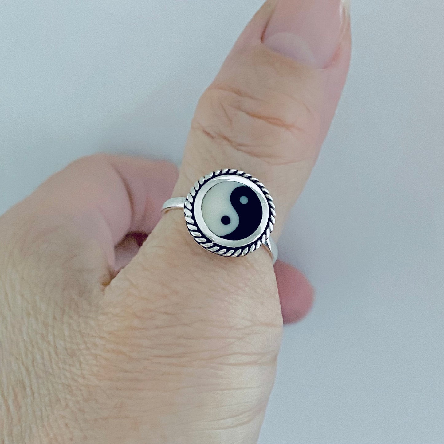Sterling Silver Round Yin and Yang Ring with Rope, Yoga Ring, Silver Rings, Balance of Life
