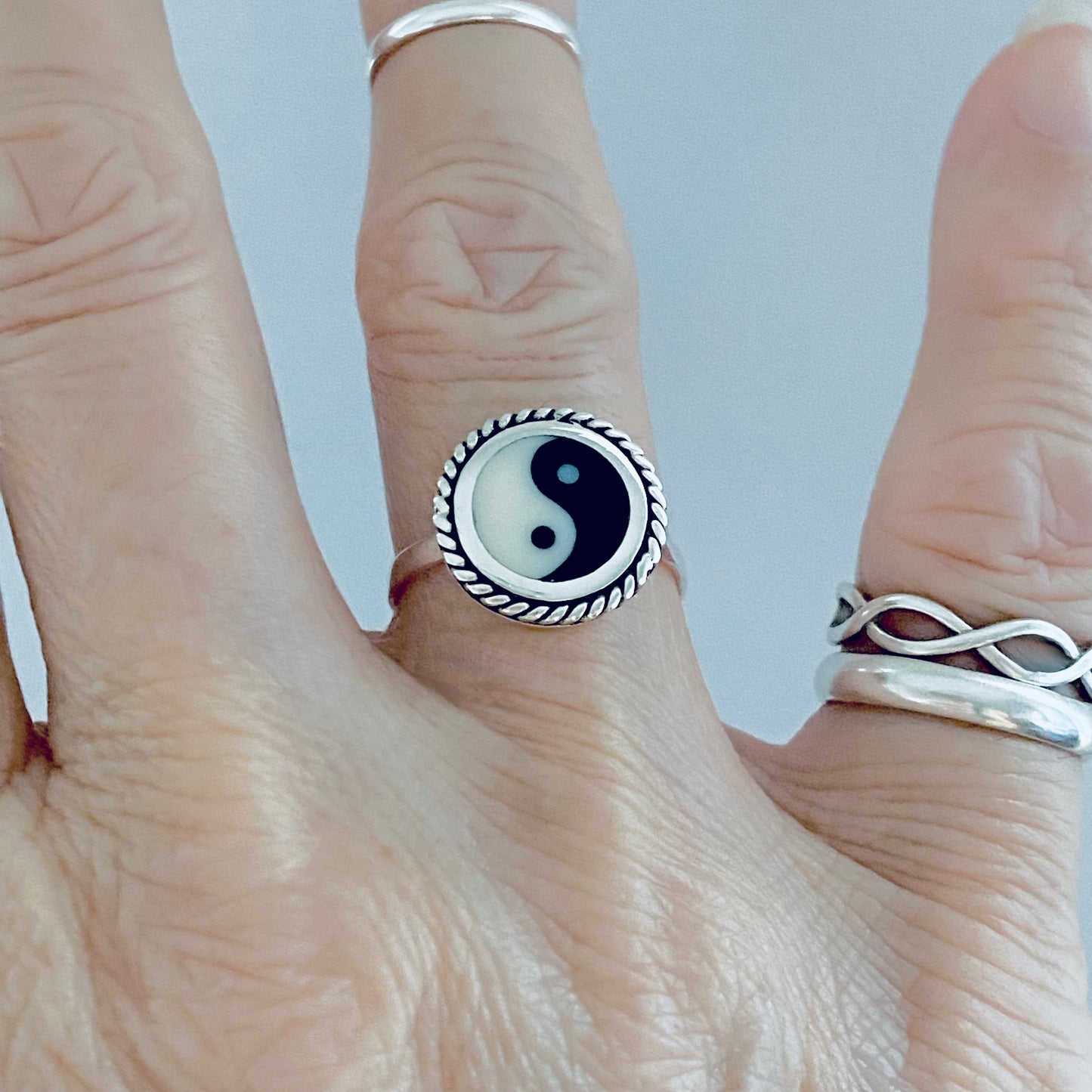 Sterling Silver Round Yin and Yang Ring with Rope, Yoga Ring, Silver Rings, Balance of Life