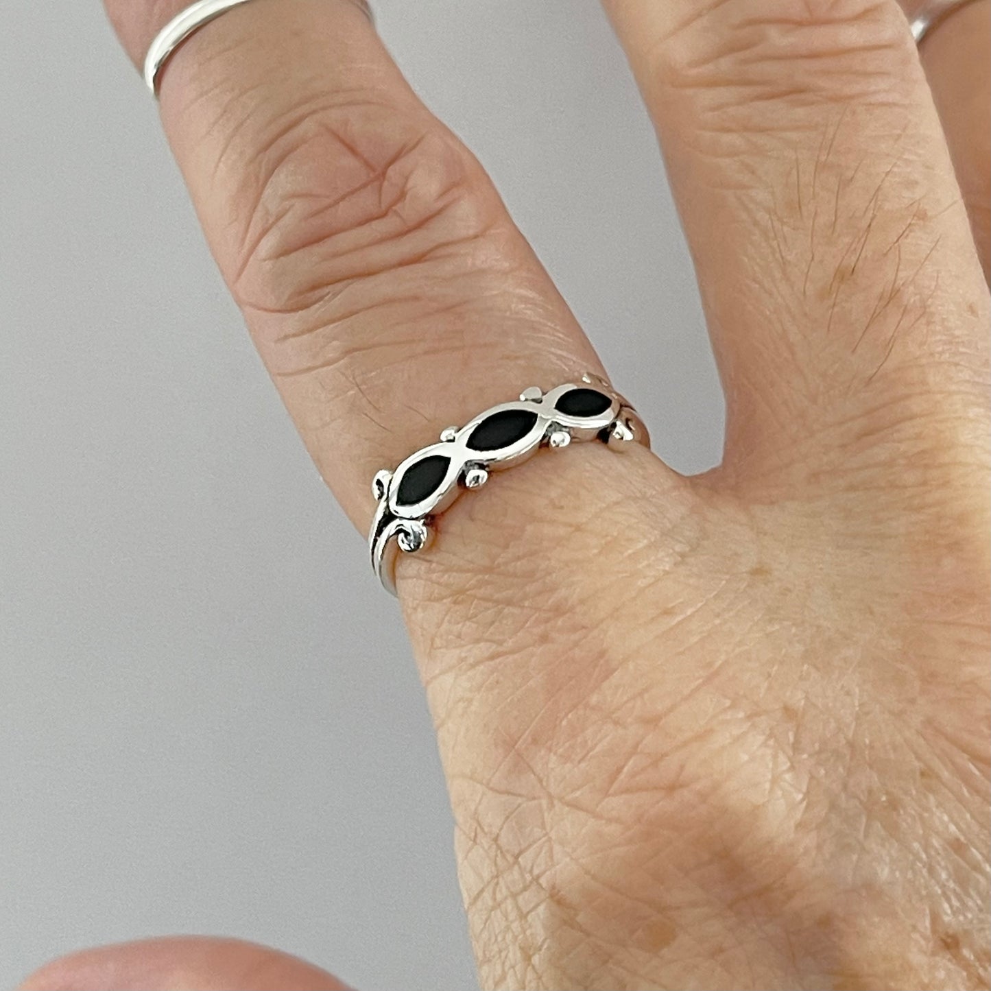 Sterling Silver Small Infinity Black Onyx Ring, Stone Silver Ring, Minimalist Ring
