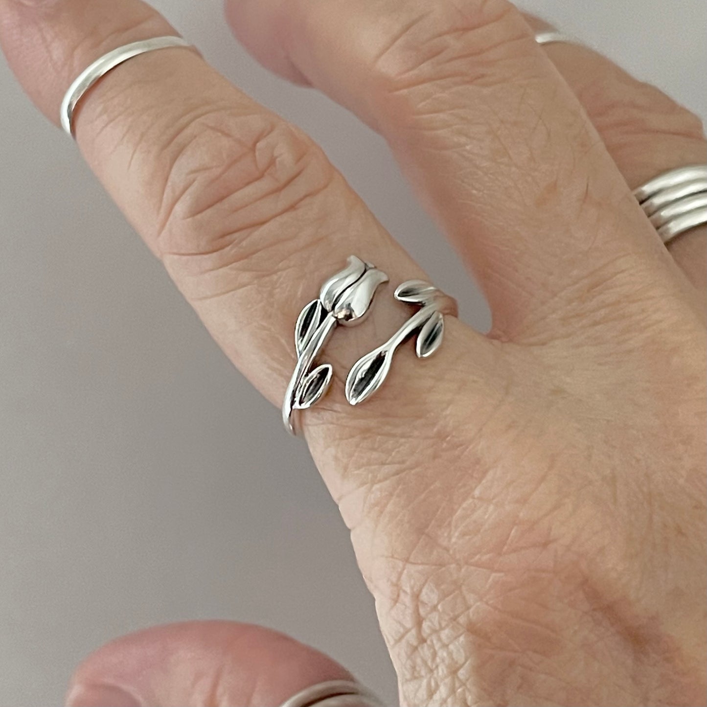 Sterling Silver Delicate Single Stem Rose Ring with Leaves, Tulip Flower Rings