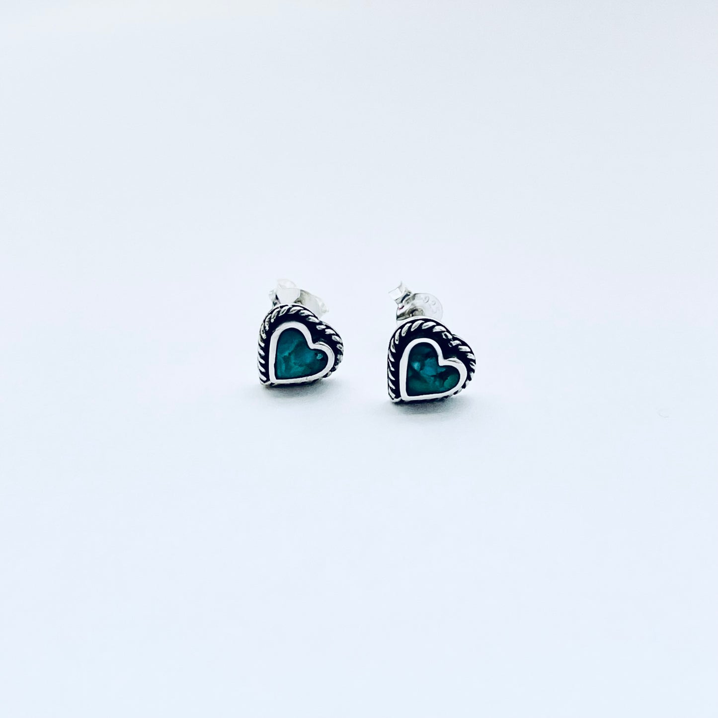Sterling Silver Genuine Turquoise Heart Earring with Braid, Stud Earrings, Stone Hearts