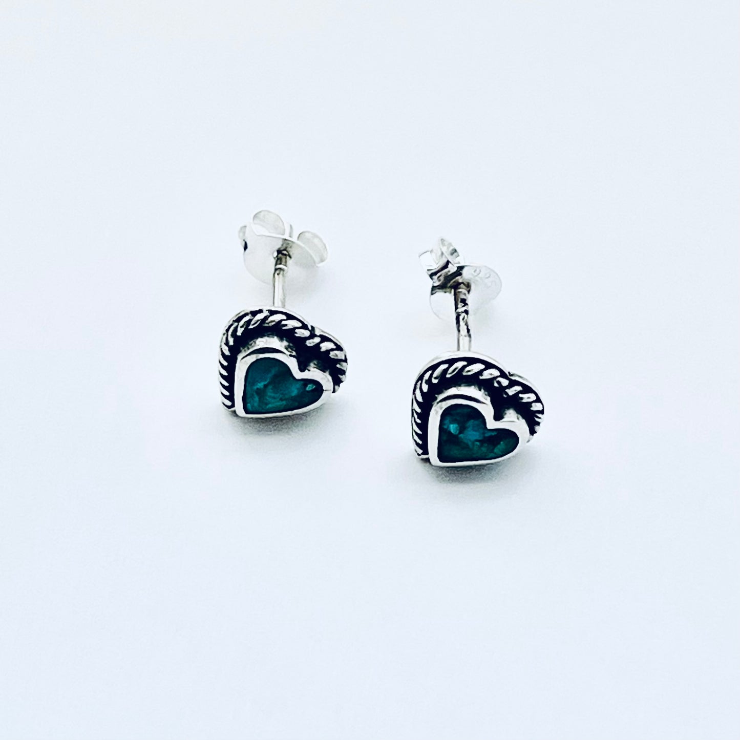 Sterling Silver Genuine Turquoise Heart Earring with Braid, Stud Earrings, Stone Hearts