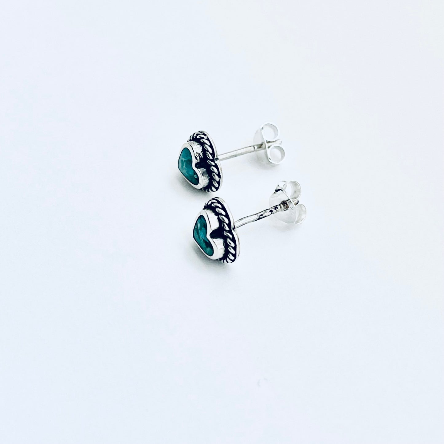 Sterling Silver Genuine Turquoise Heart Earring with Braid, Stud Earrings, Stone Hearts