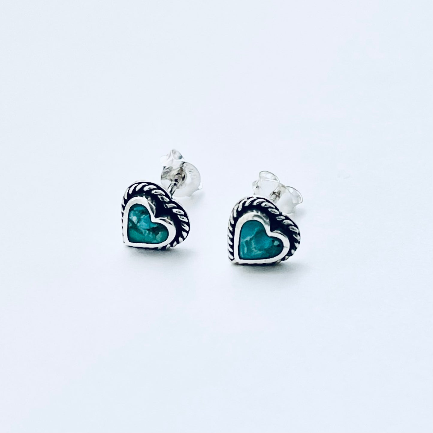 Sterling Silver Genuine Turquoise Heart Earring with Braid, Stud Earrings, Stone Hearts