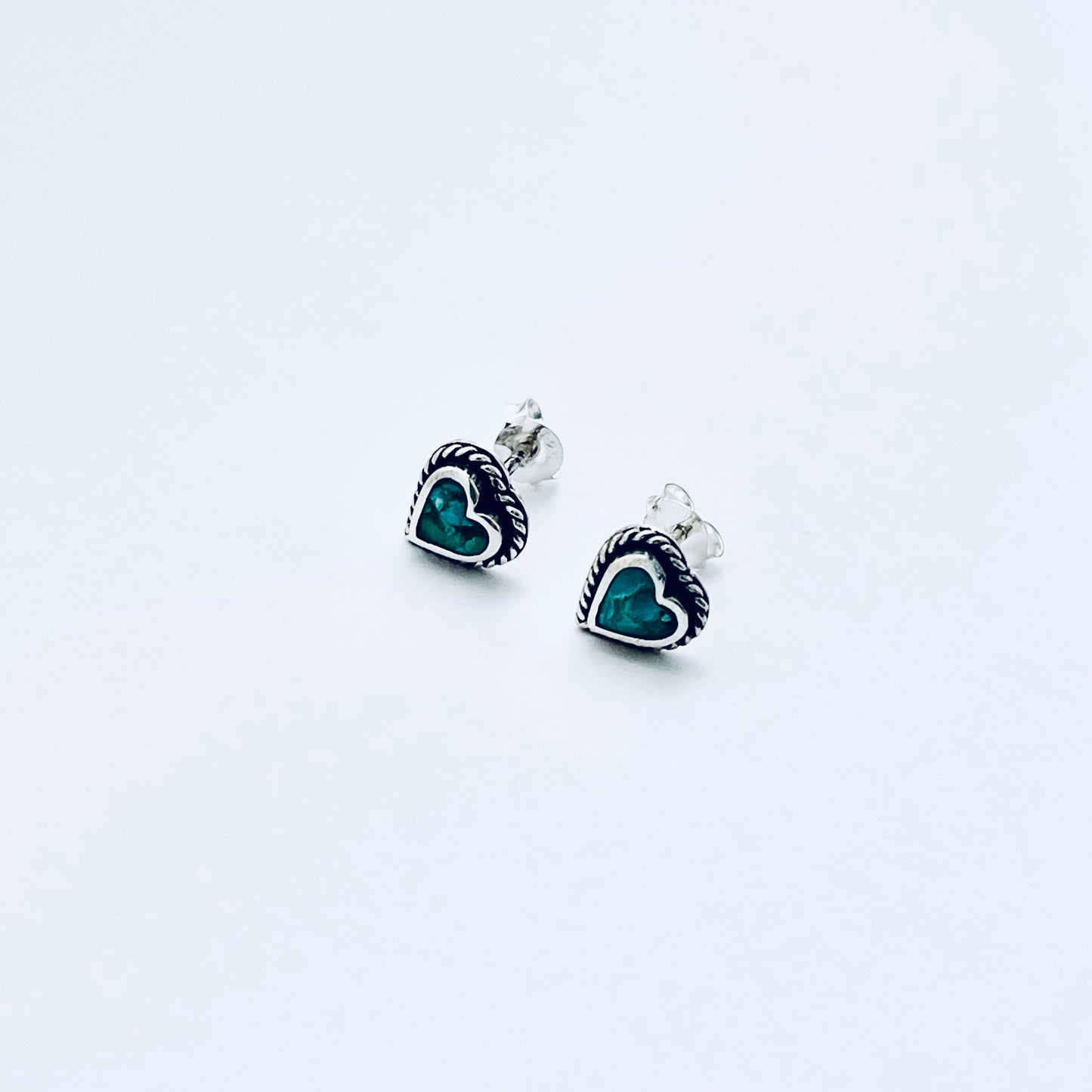 Sterling Silver Genuine Turquoise Heart Earring with Braid, Stud Earrings, Stone Hearts