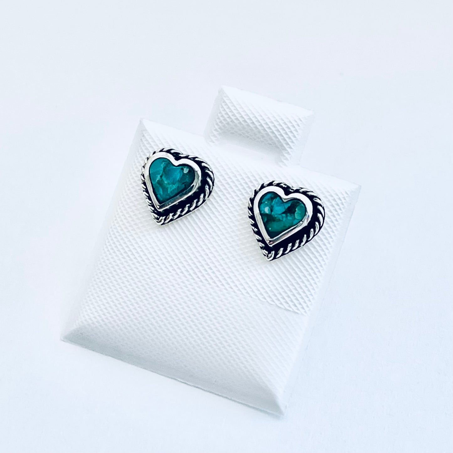 Sterling Silver Genuine Turquoise Heart Earring with Braid, Stud Earrings, Stone Hearts