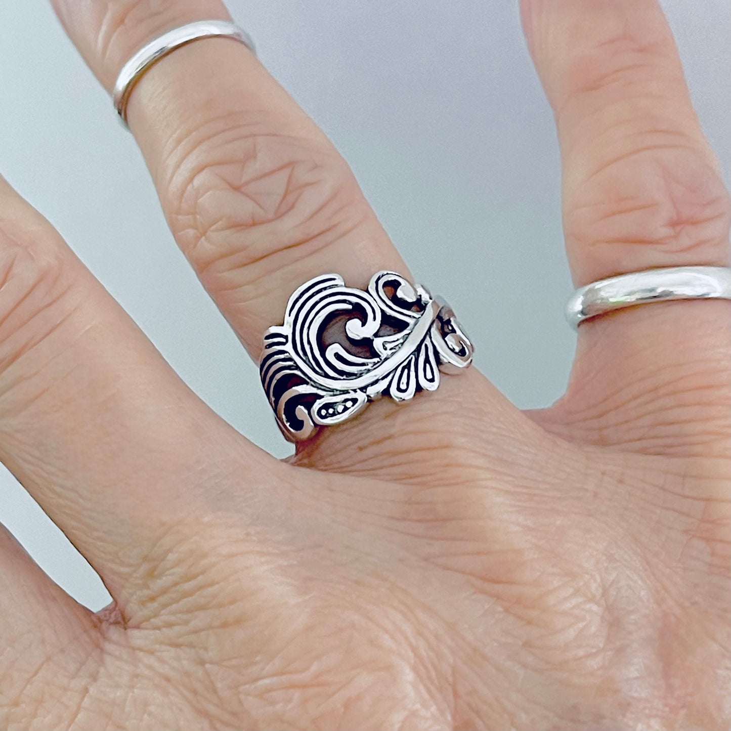 Sterling Silver Swirly Leaf Ring, Tree Ring, Swirl Leaves, Silver Rings