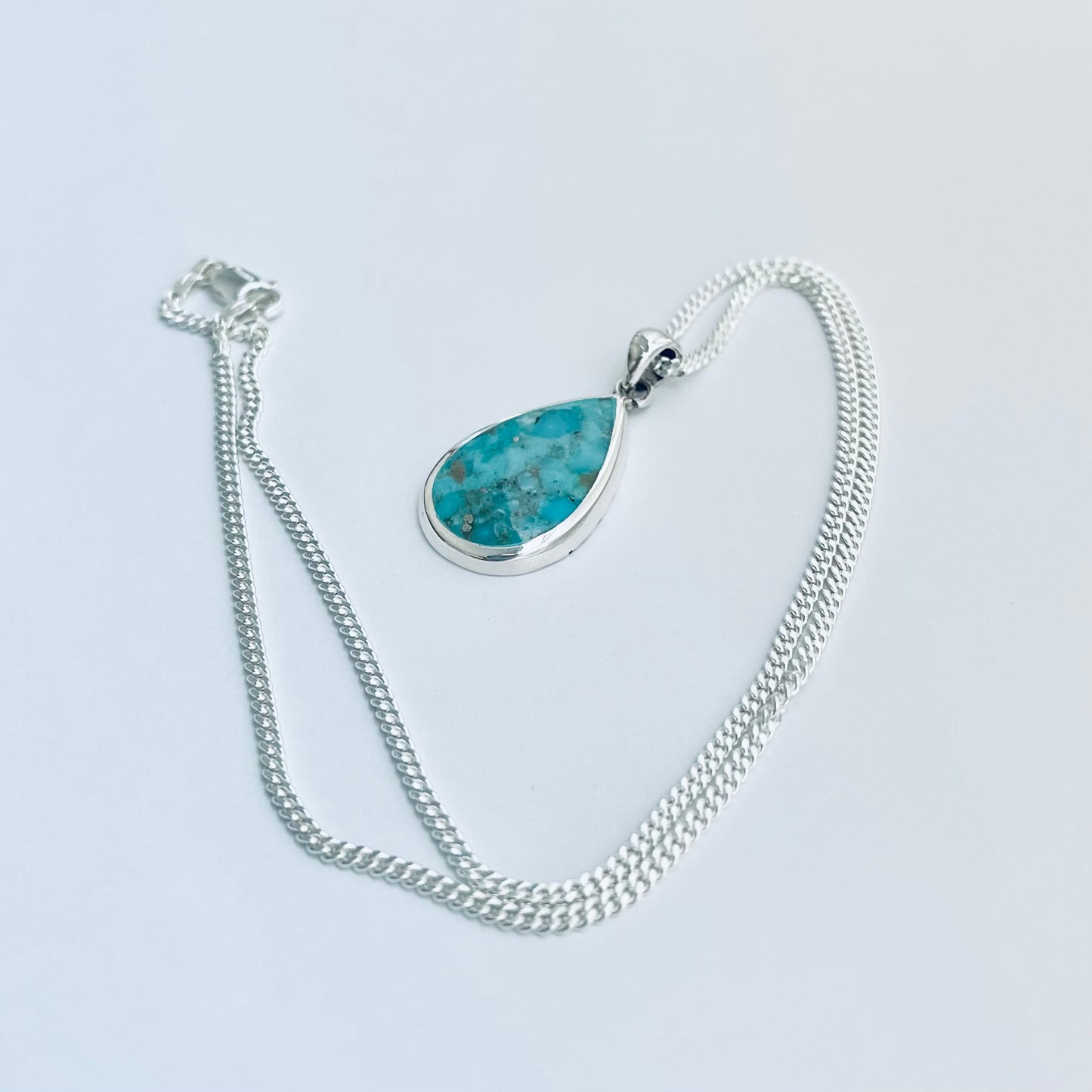 Sterling Silver Large Teardrop Genuine Turquoise Necklace, Pear Shape Silver Necklaces, Stone Chains