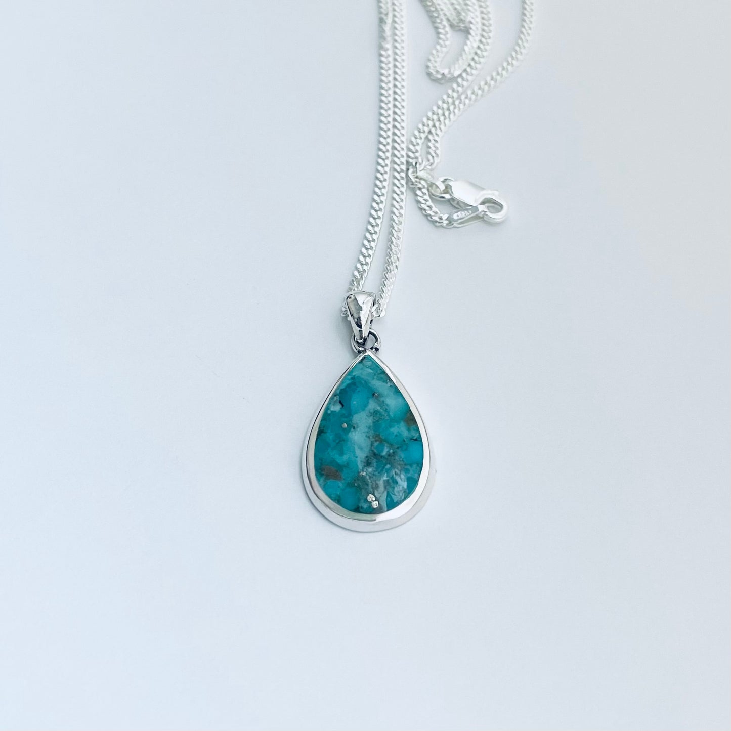 Sterling Silver Large Teardrop Genuine Turquoise Necklace, Pear Shape Silver Necklaces, Stone Chains