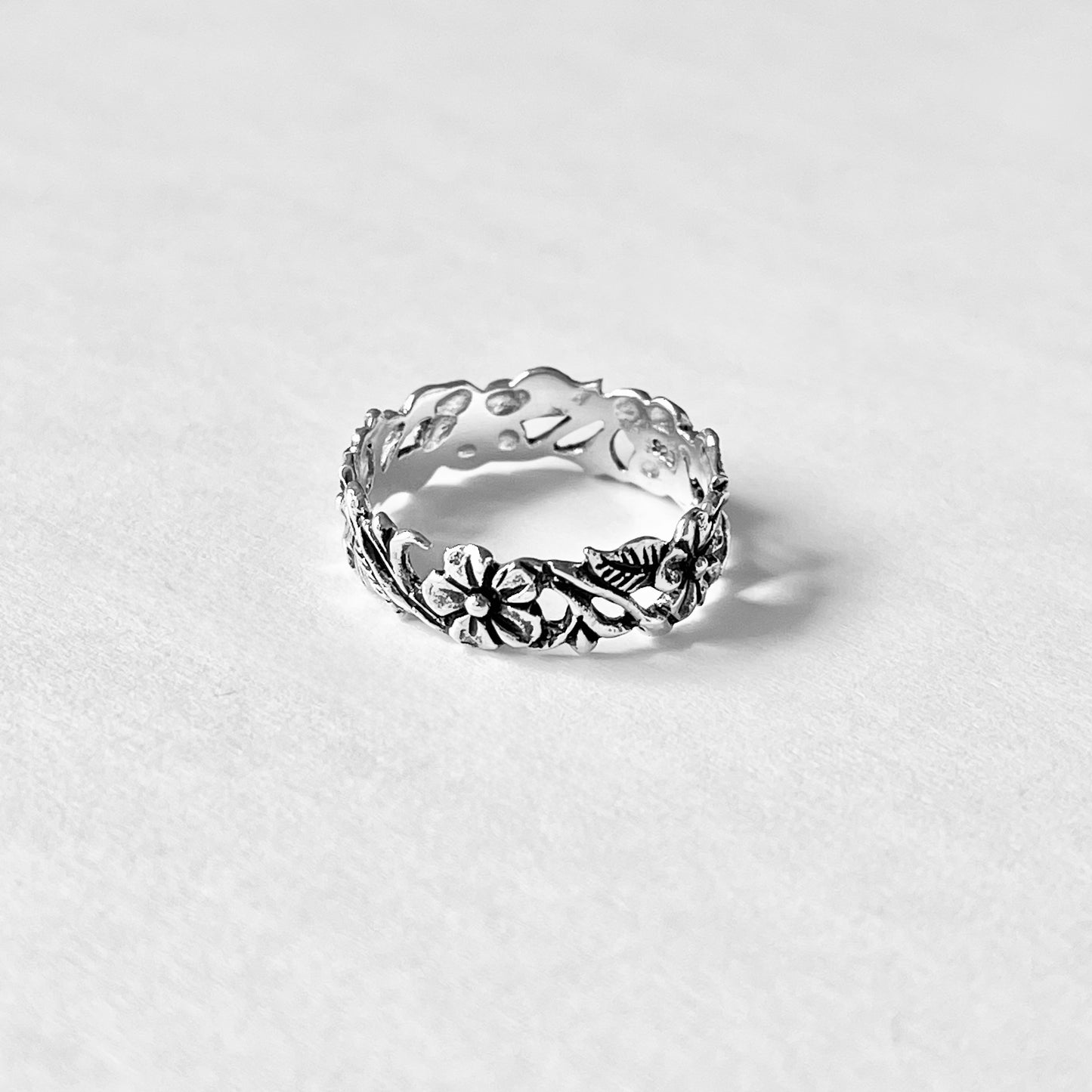 Sterling Silver Delicate Plumeria Flower and Leaf Band Ring, Hawaii Flowers, Silver Bands