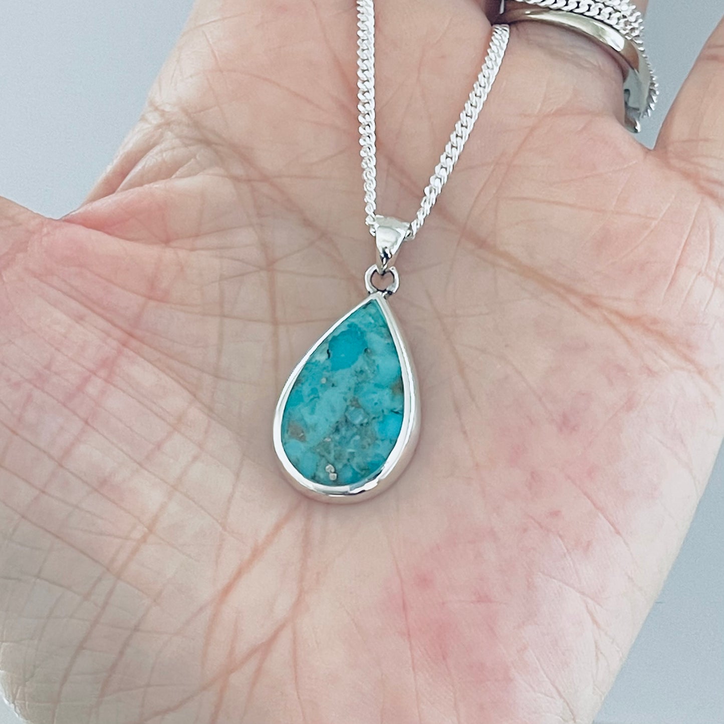 Sterling Silver Large Teardrop Genuine Turquoise Necklace, Pear Shape Silver Necklaces, Stone Chains