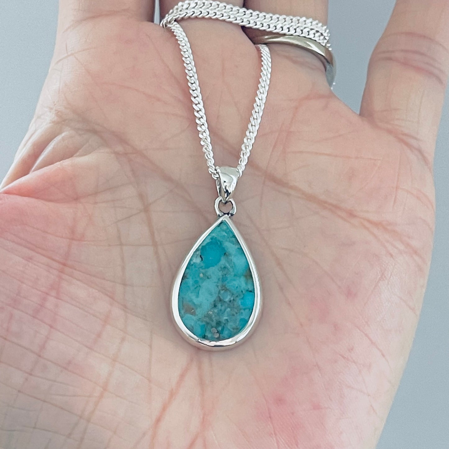 Sterling Silver Large Teardrop Genuine Turquoise Necklace, Pear Shape Silver Necklaces, Stone Chains