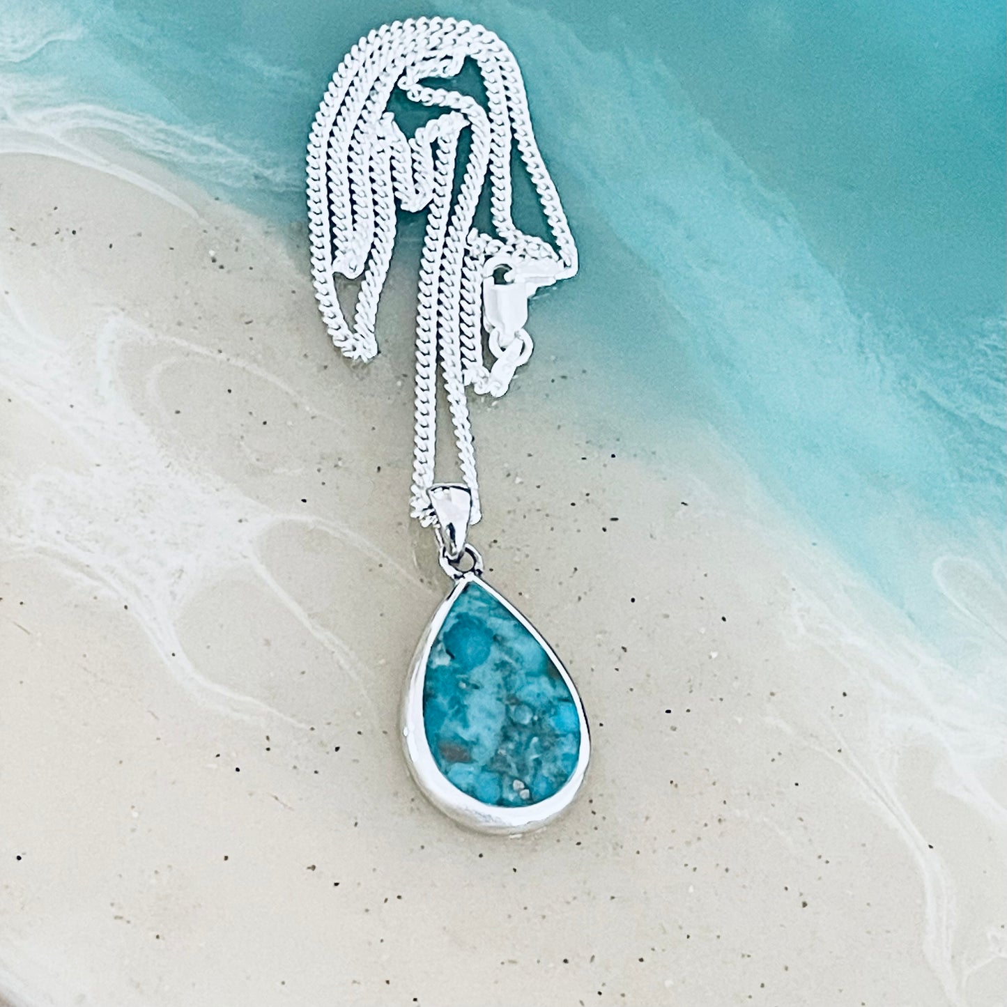 Sterling Silver Large Teardrop Genuine Turquoise Necklace, Pear Shape Silver Necklaces, Stone Chains