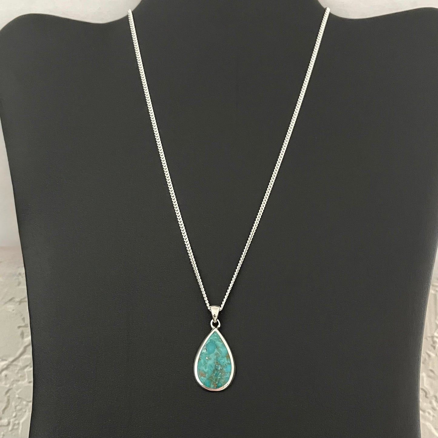 Sterling Silver Large Teardrop Genuine Turquoise Necklace, Pear Shape Silver Necklaces, Stone Chains