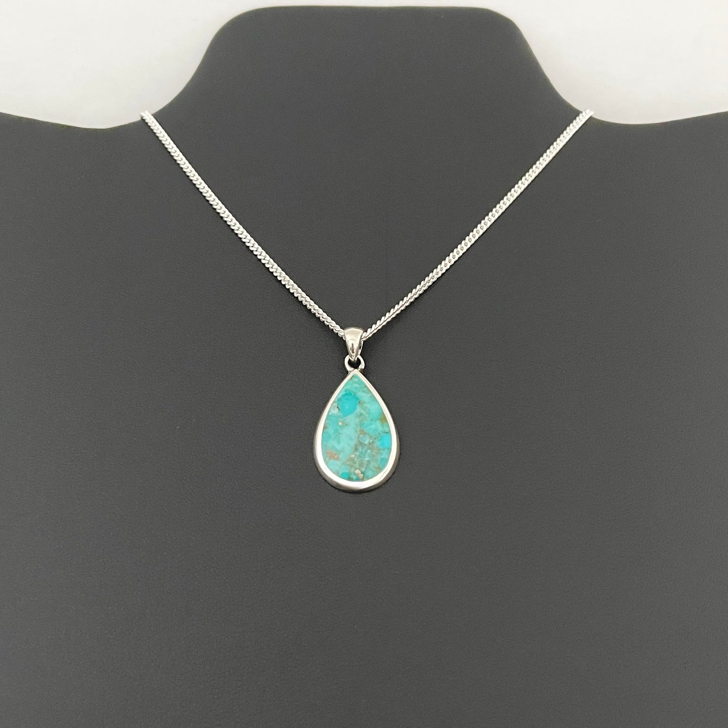 Sterling Silver Large Teardrop Genuine Turquoise Necklace, Pear Shape Silver Necklaces, Stone Chains