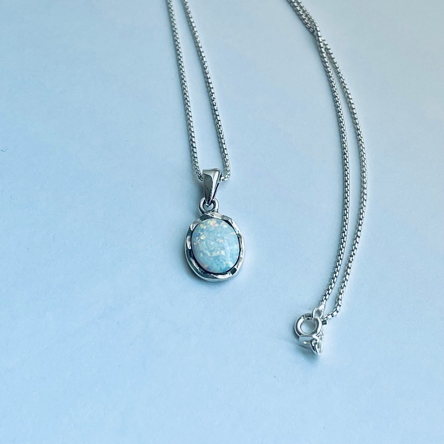 Sterling Silver Wavy White Lab Opal Necklace | October Birthstone Silver Necklace | Wave Opal Pendant