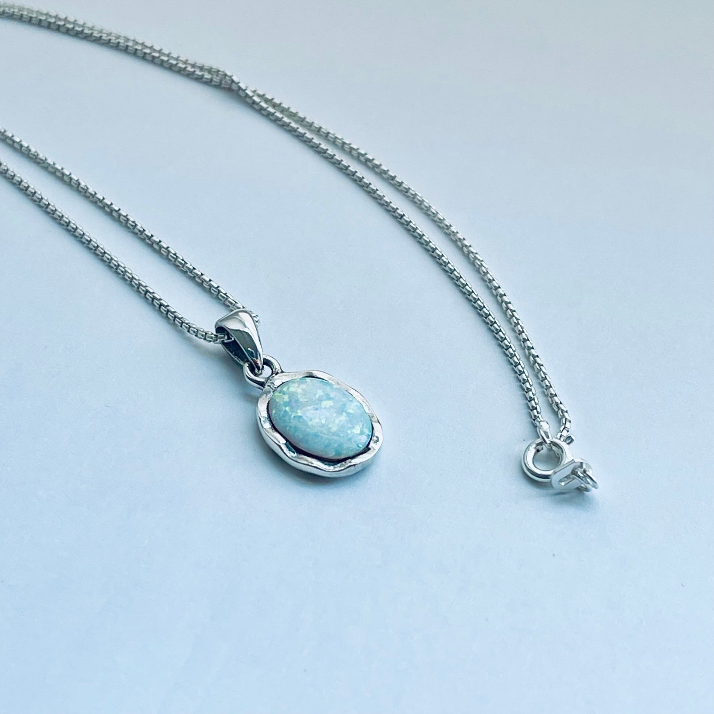 Sterling Silver Wavy White Lab Opal Necklace – October Birthstone Wave Pendant