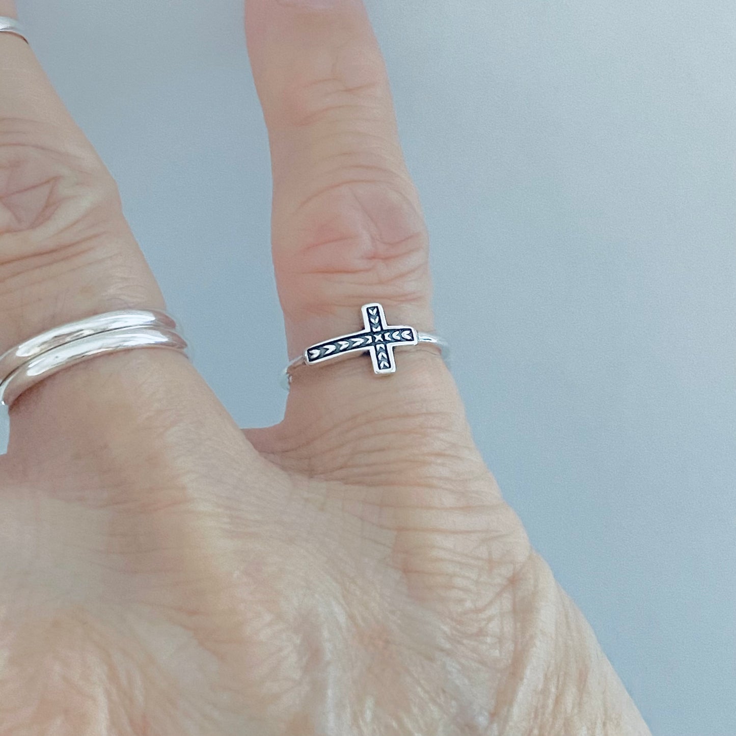 925 Sterling Silver Small Sideway Cross Ring with Arrows | Dainty Religious Silver Jewelry