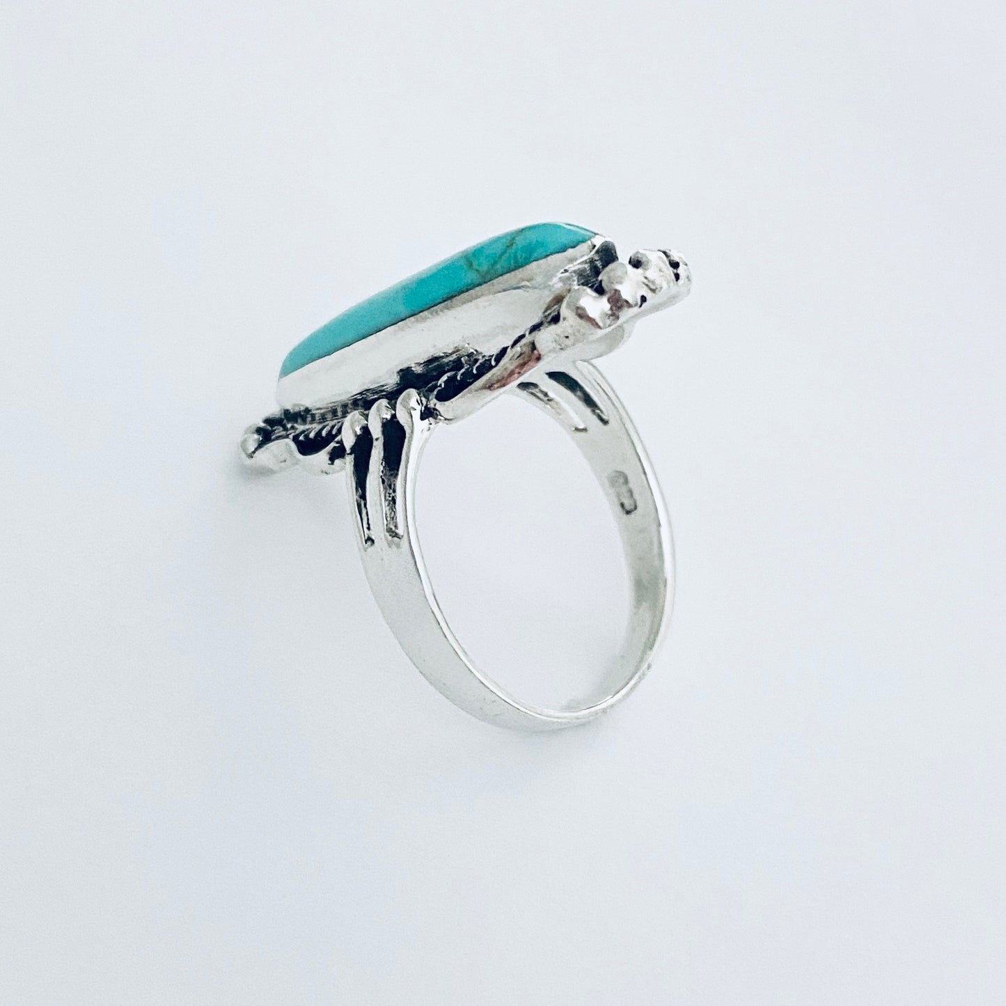 Sterling Silver Long Oval Synthetic Turquoise Ring, Statement Boho Stone Jewelry
